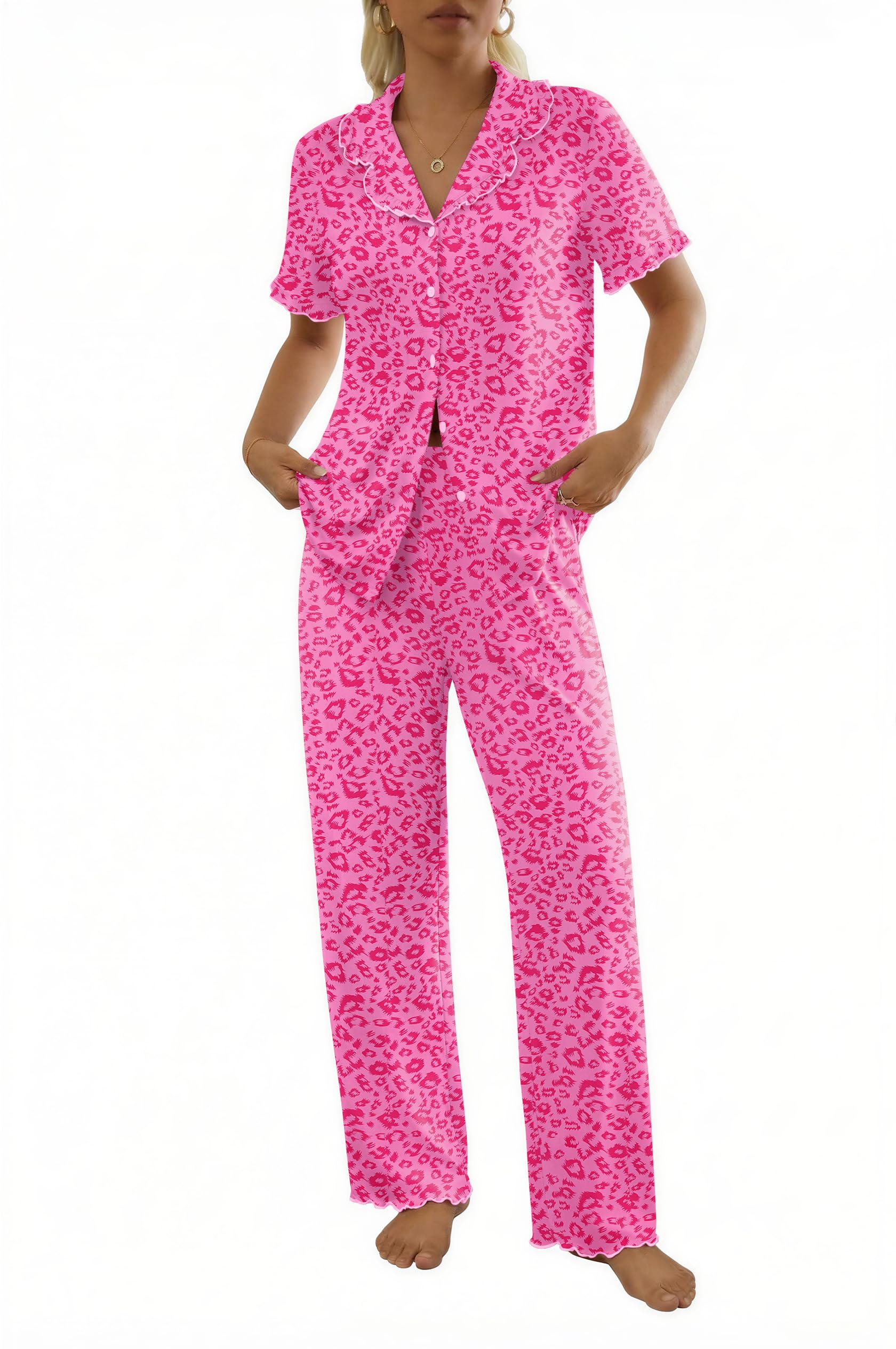Ekouaer Womens Pajama Sets Short Sleeve Printed PJs Button Down Sleepwear