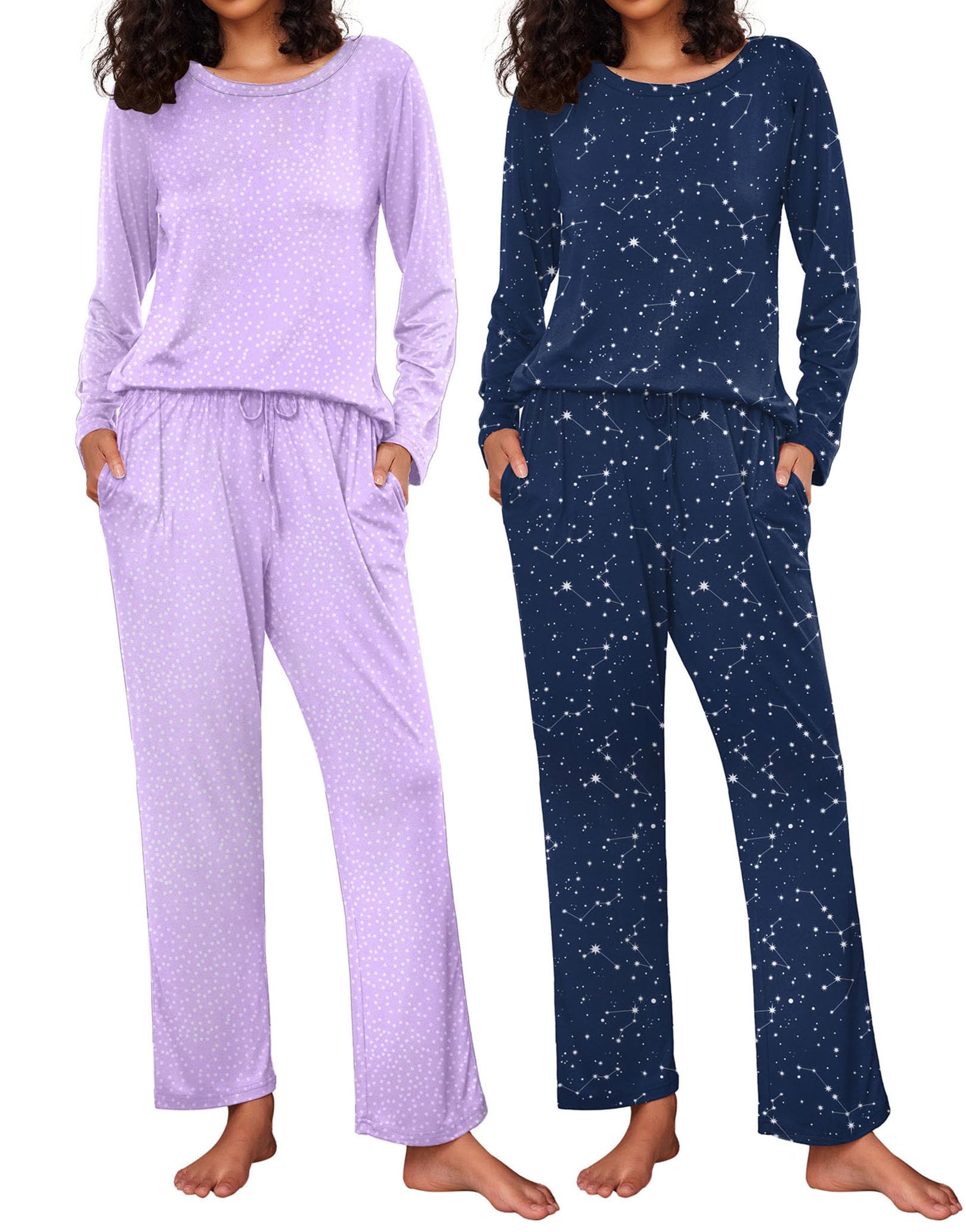Ekouaer Women's 2 Pack Pajama Sets Long Sleeve Lounge Set Soft Comfy Pjs