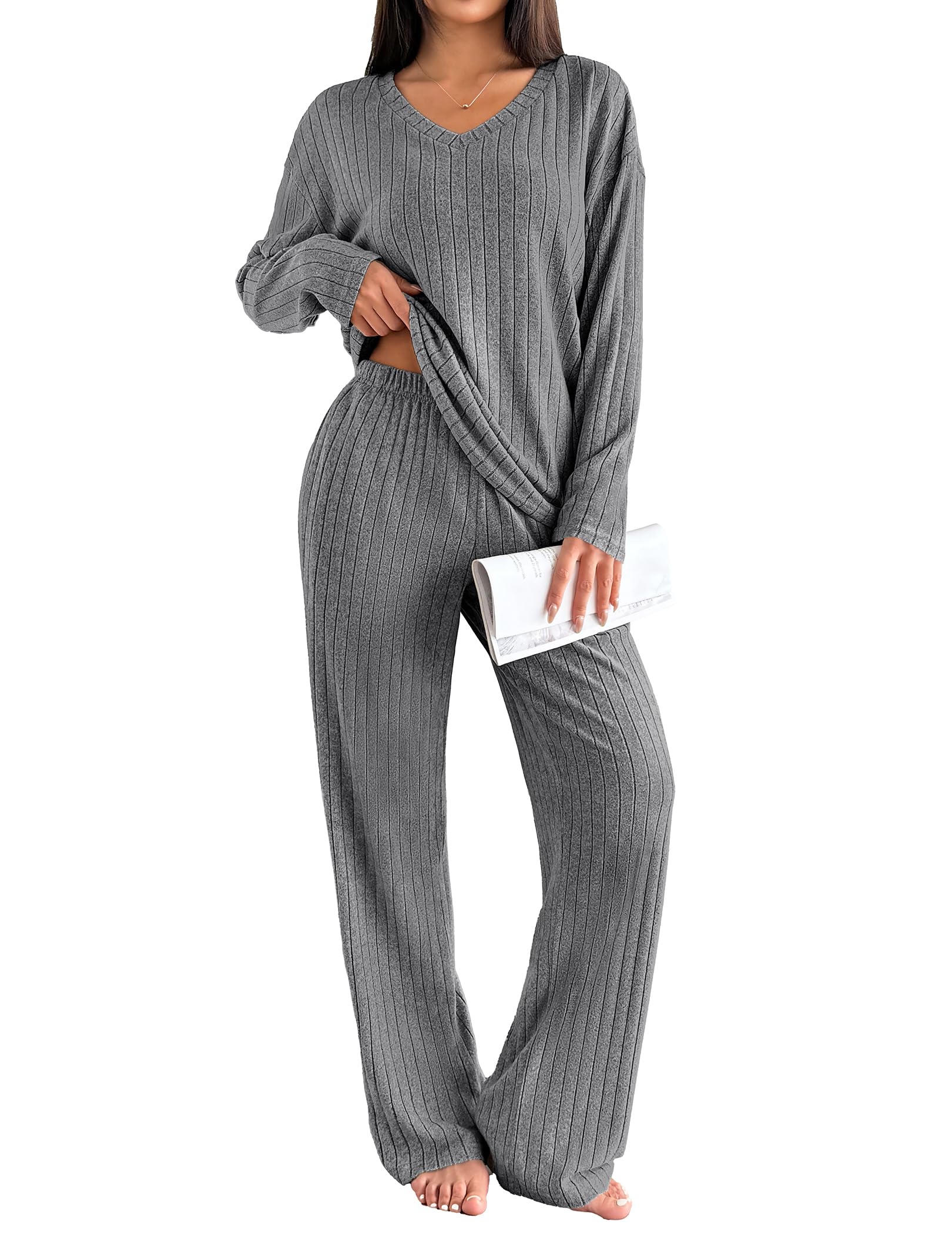 Ekouaer Lounge Sets for Women Long Sleeve Knit Ribbed Pajama Sets 2 Piece Casual Loungewear with Pockets