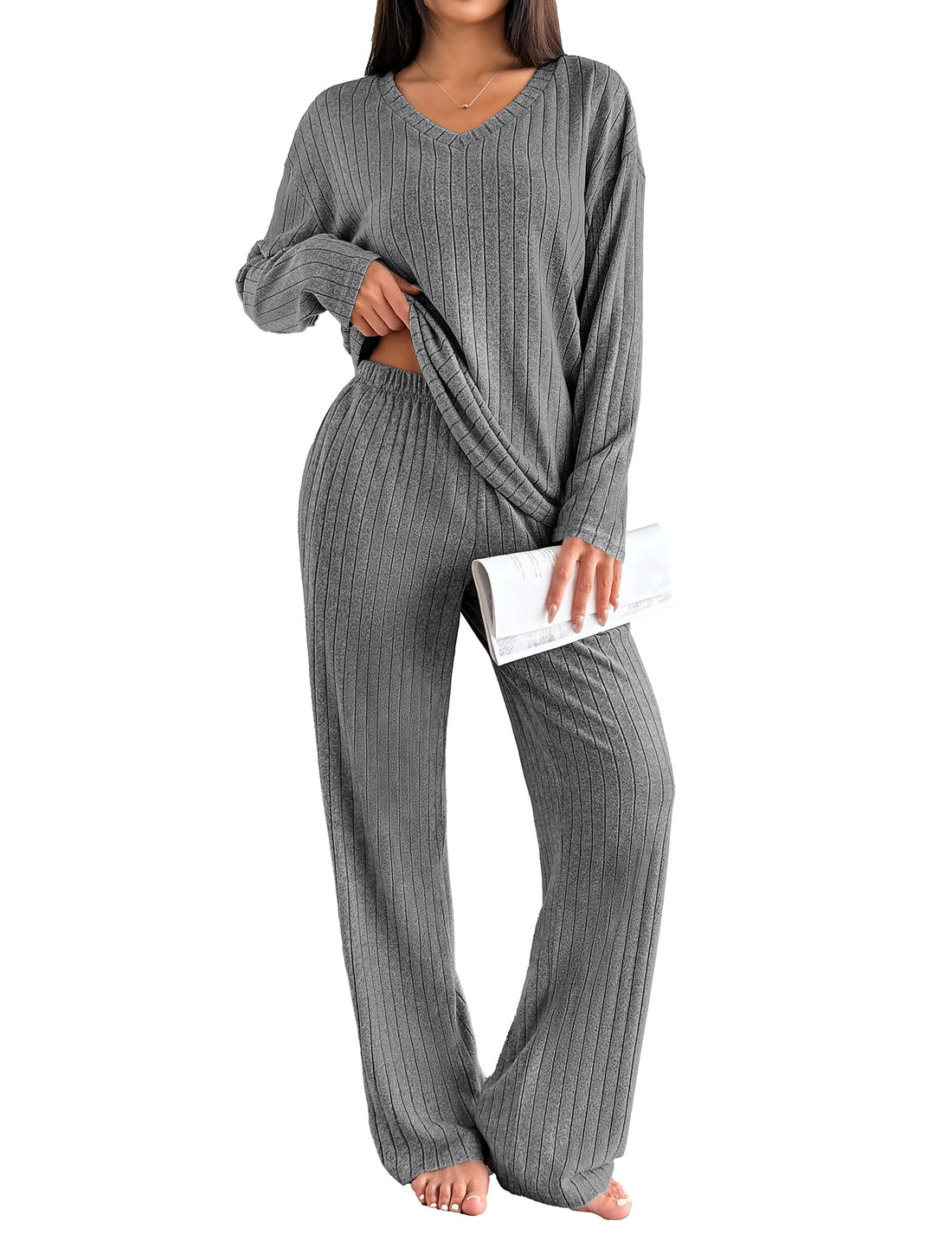 Ekouaer Lounge Sets for Women Long Sleeve Knit Ribbed Pajama Sets 2 Piece Casual Loungewear with Pockets