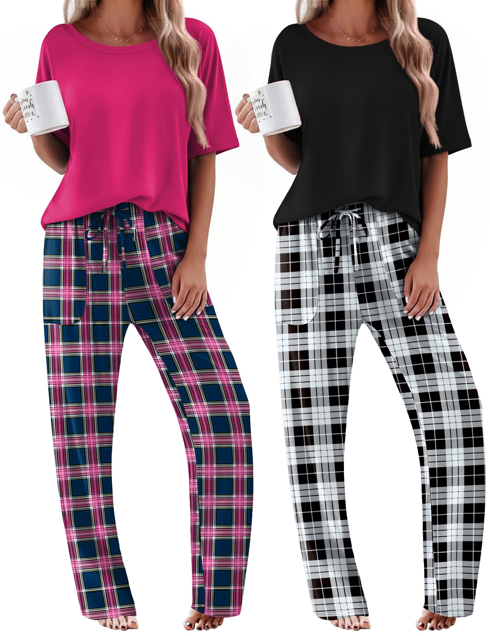 Ekouaer 2 Pack Womens Pajamas Sets Short Sleeve Long Pants Pjs Lounge Set