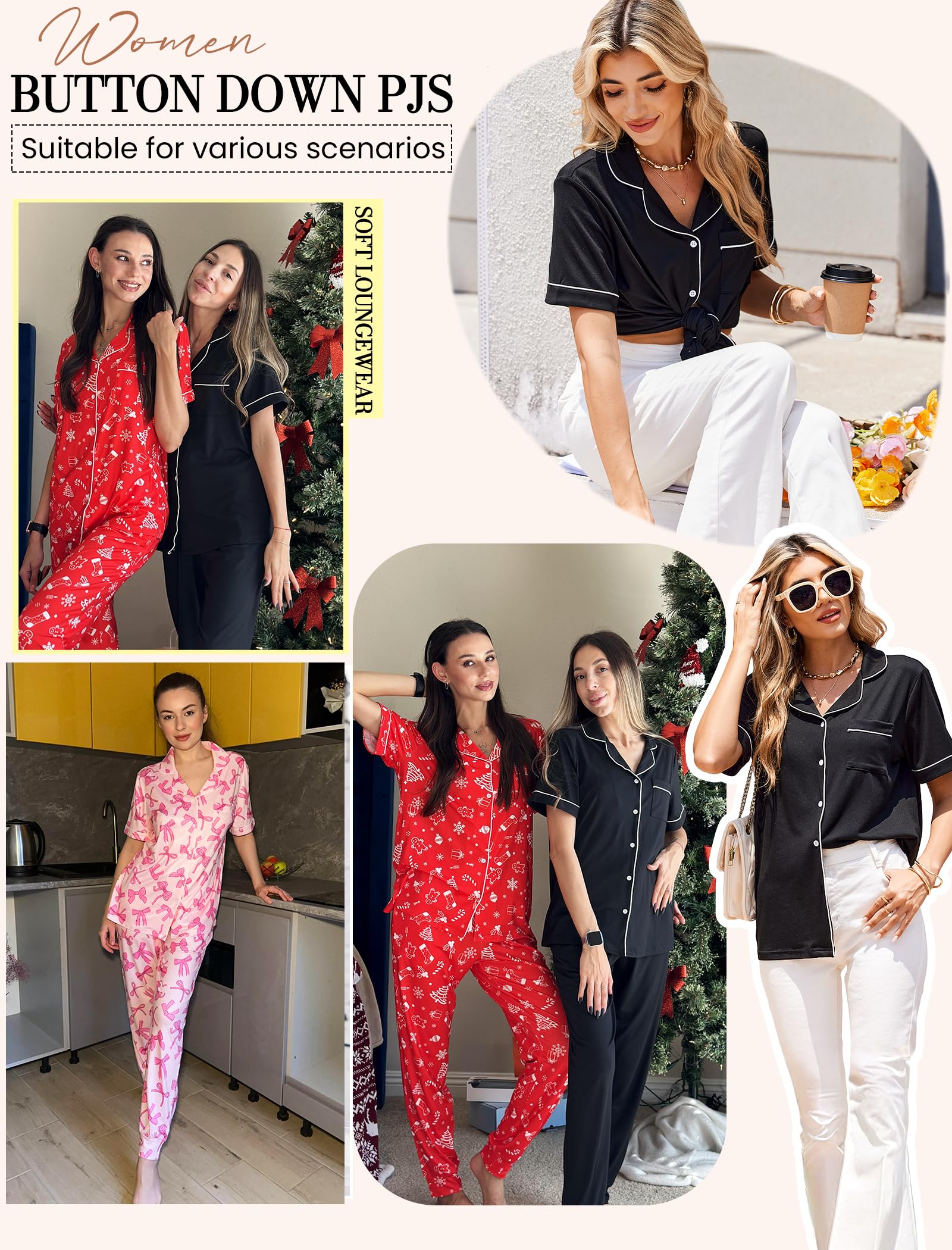 Ekouaer Women Pajama Set Short Sleeve Button Down Pjs with Jogger Pants
