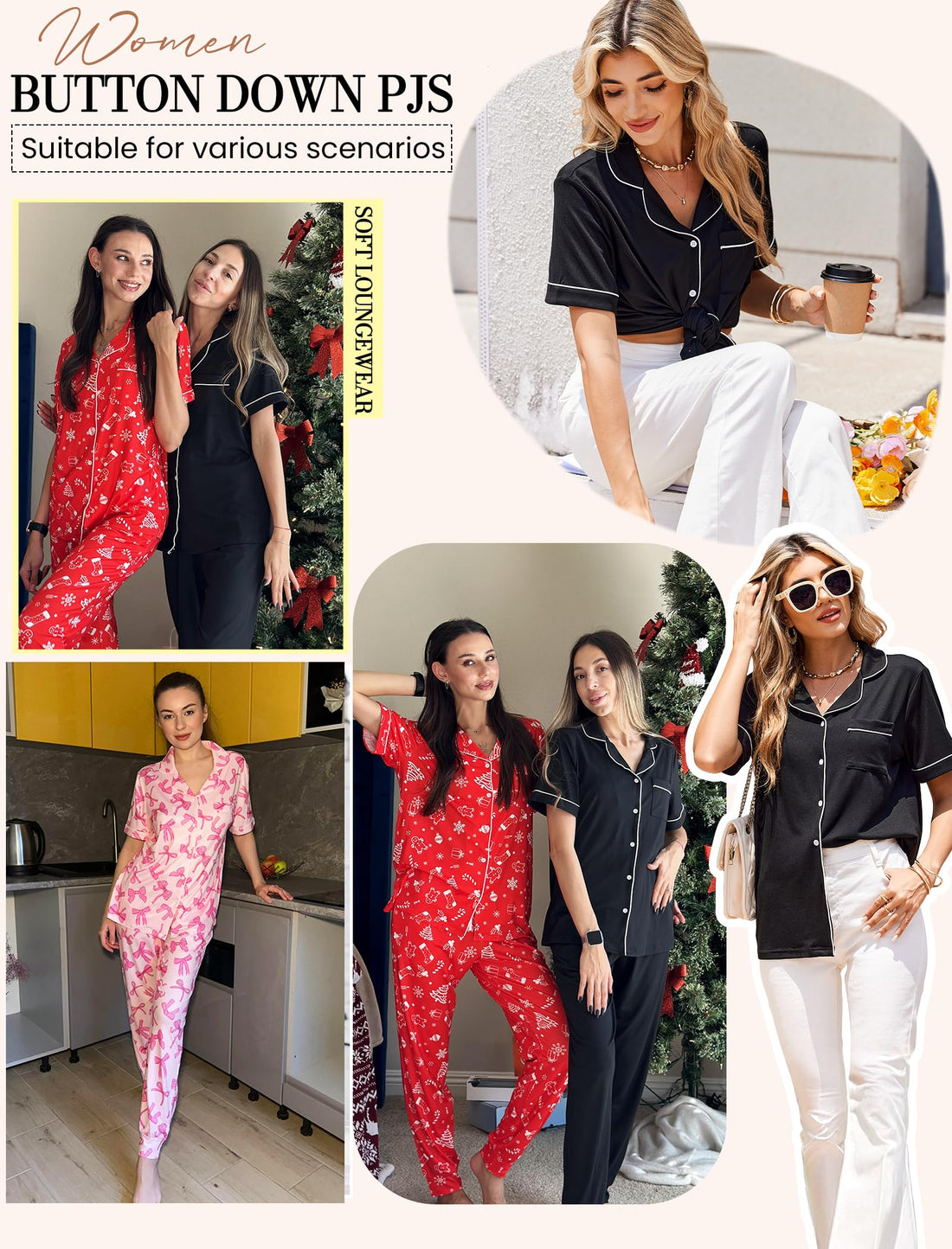 Ekouaer Women Pajama Set Short Sleeve Button Down Pjs with Jogger Pants