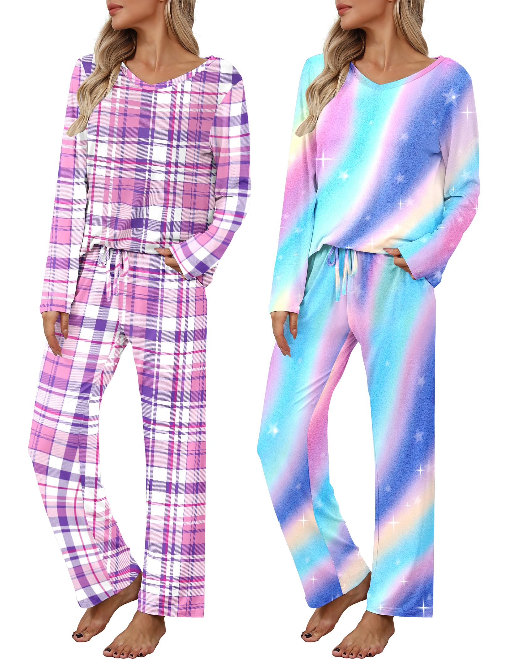2 Pack: Women's Long Sleeve Pajama Sets - V Neck Top and Pants Lounge sets