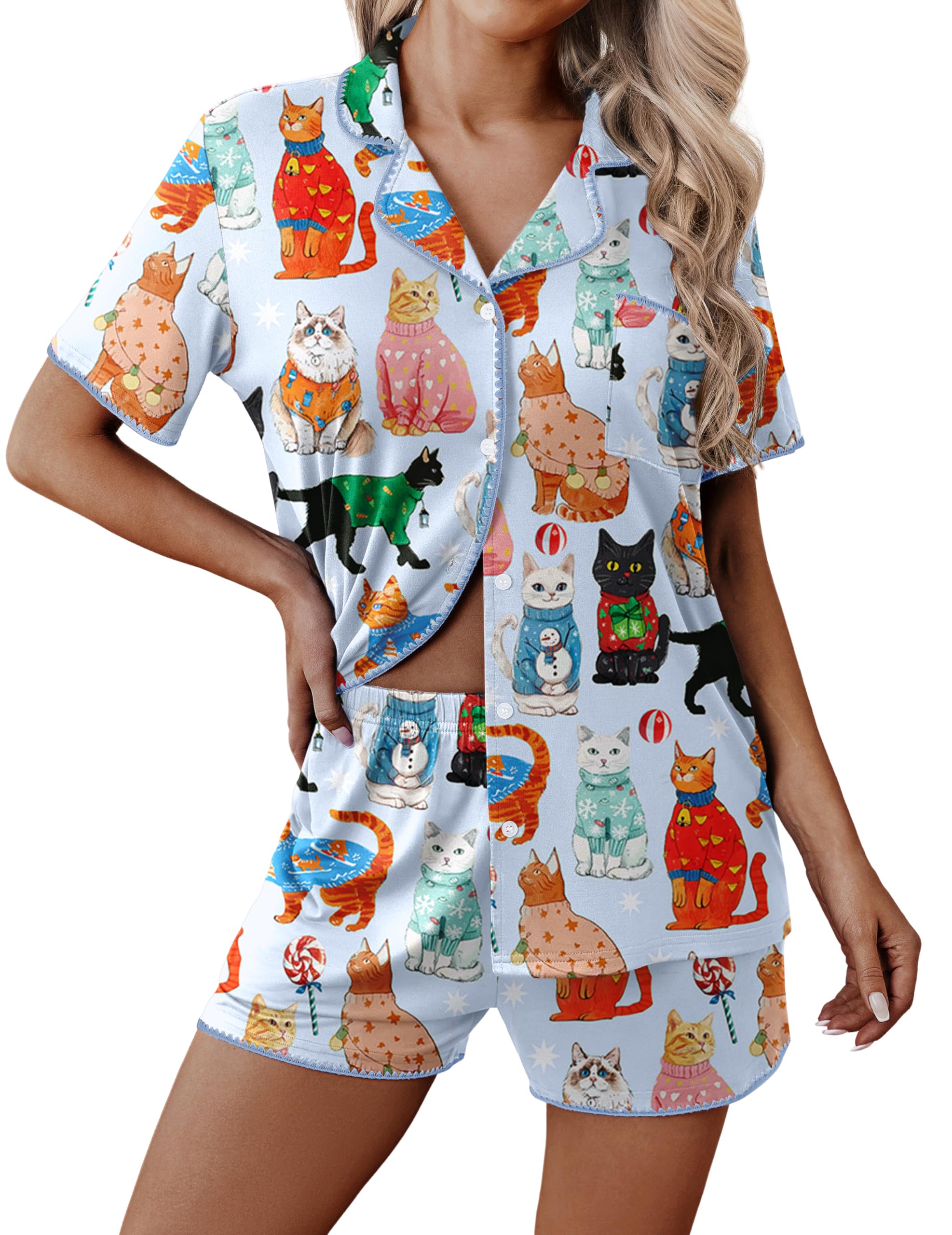 Ekouaer Pajamas for Women Set 2 Piece Soft Button Down Top and Shorts