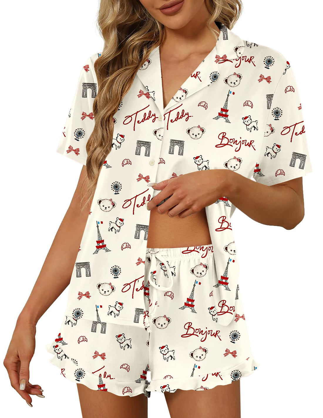Ekouaer Pajamas Set for Women Short Sleeve Sleepwear Button Down Ruffle Pjs