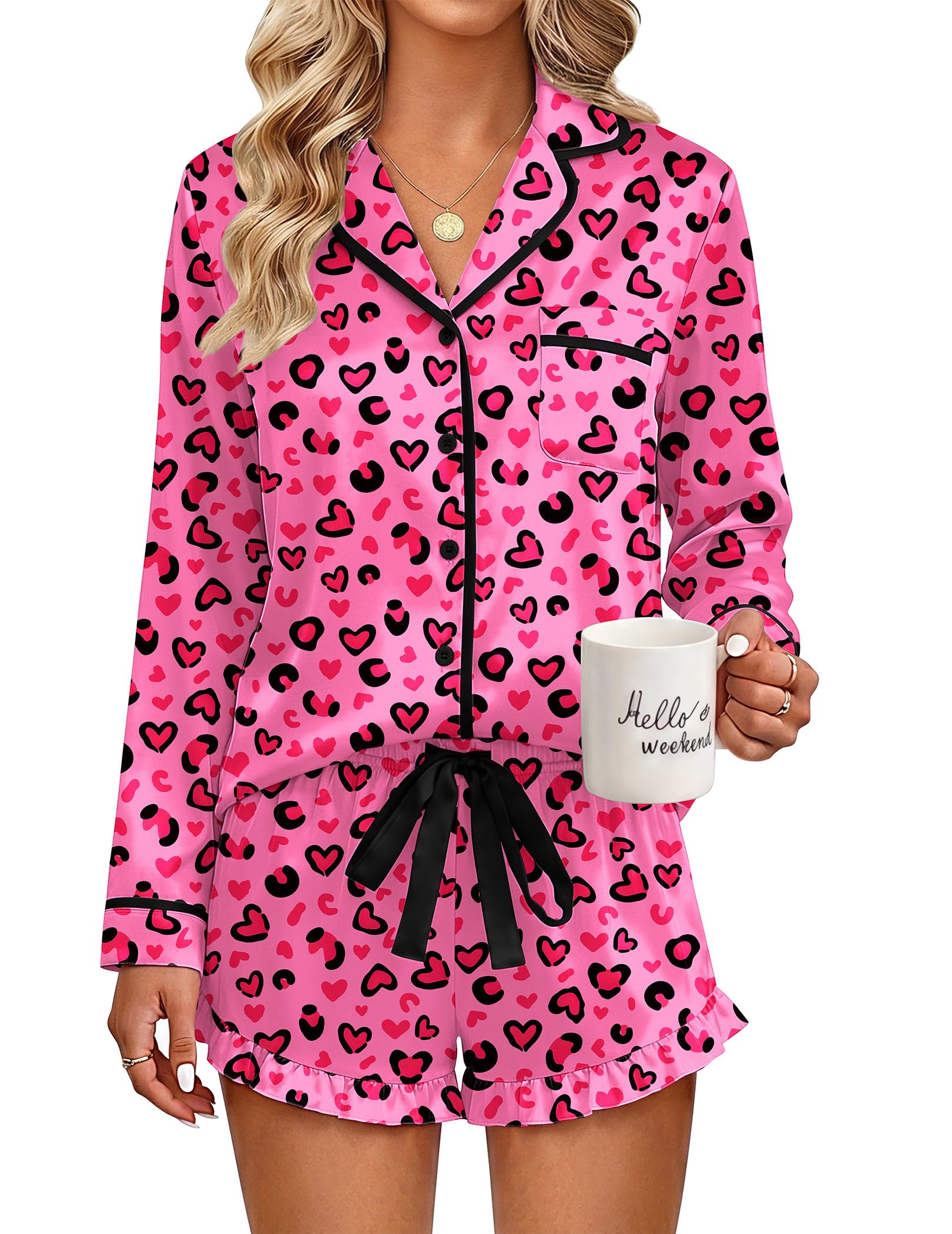 Ekouaer Womens Satin Pajamas Set 2 Piece Long Sleeve and Ruffle Shorts