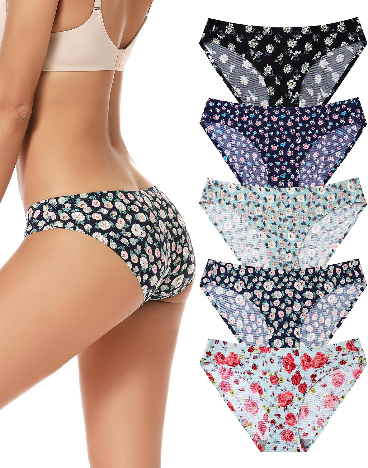 voenxe Women Bikini Underwear,Seamless Breathable Ladies No Show Panties | 5 Pack Invisible Comfortable Briefs,No Seam Soft Woman Mesh Workout Undies,Elastic Comfy Stretch Gym Hipster Panty, Multipack