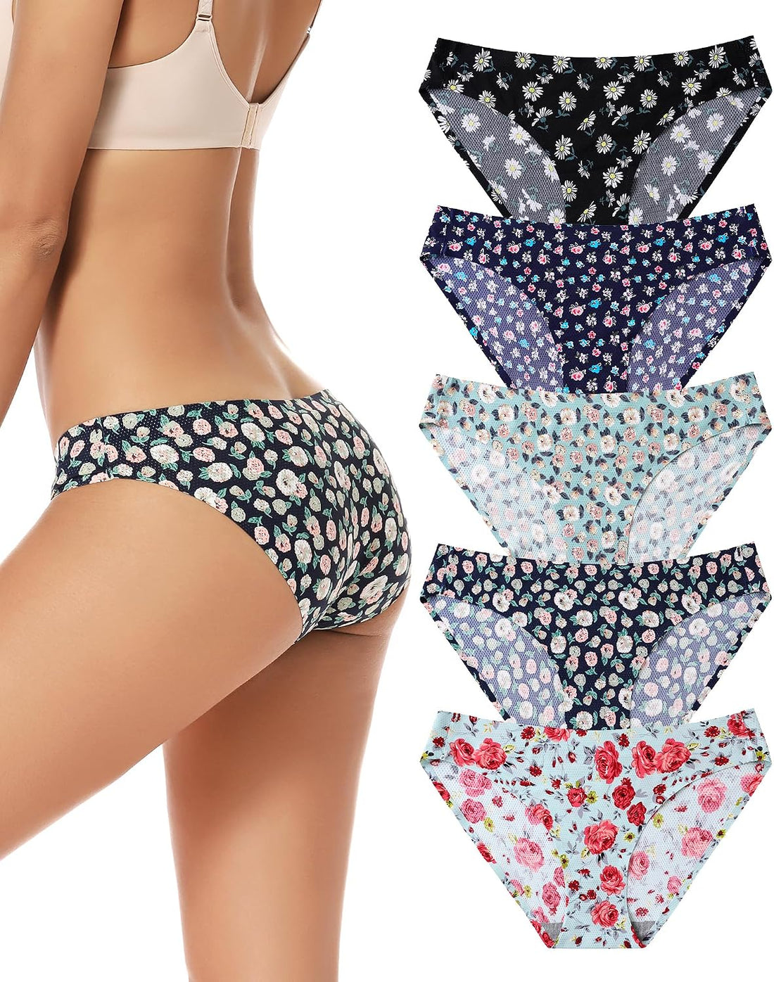 voenxe Women Bikini Underwear,Seamless Breathable Ladies No Show Panties | 5 Pack Invisible Comfortable Briefs,No Seam Soft Woman Mesh Workout Undies,Elastic Comfy Stretch Gym Hipster Panty, Multipack
