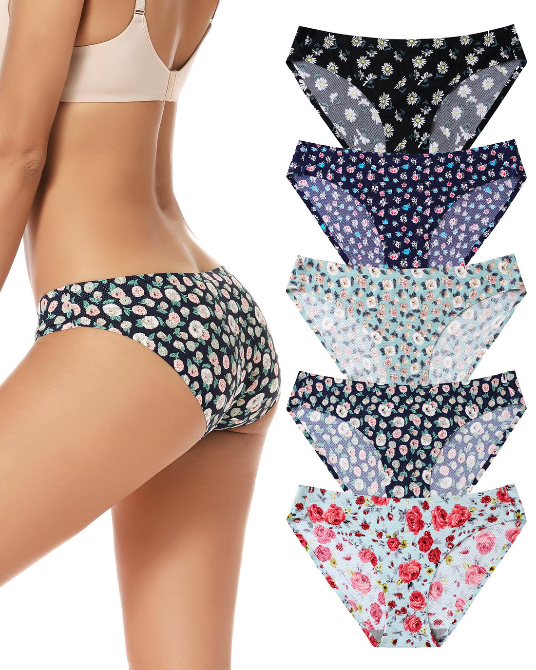 voenxe Women Bikini Underwear,Seamless Breathable Ladies No Show Panties | 5 Pack Invisible Comfortable Briefs,No Seam Soft Woman Mesh Workout Undies,Elastic Comfy Stretch Gym Hipster Panty, Multipack