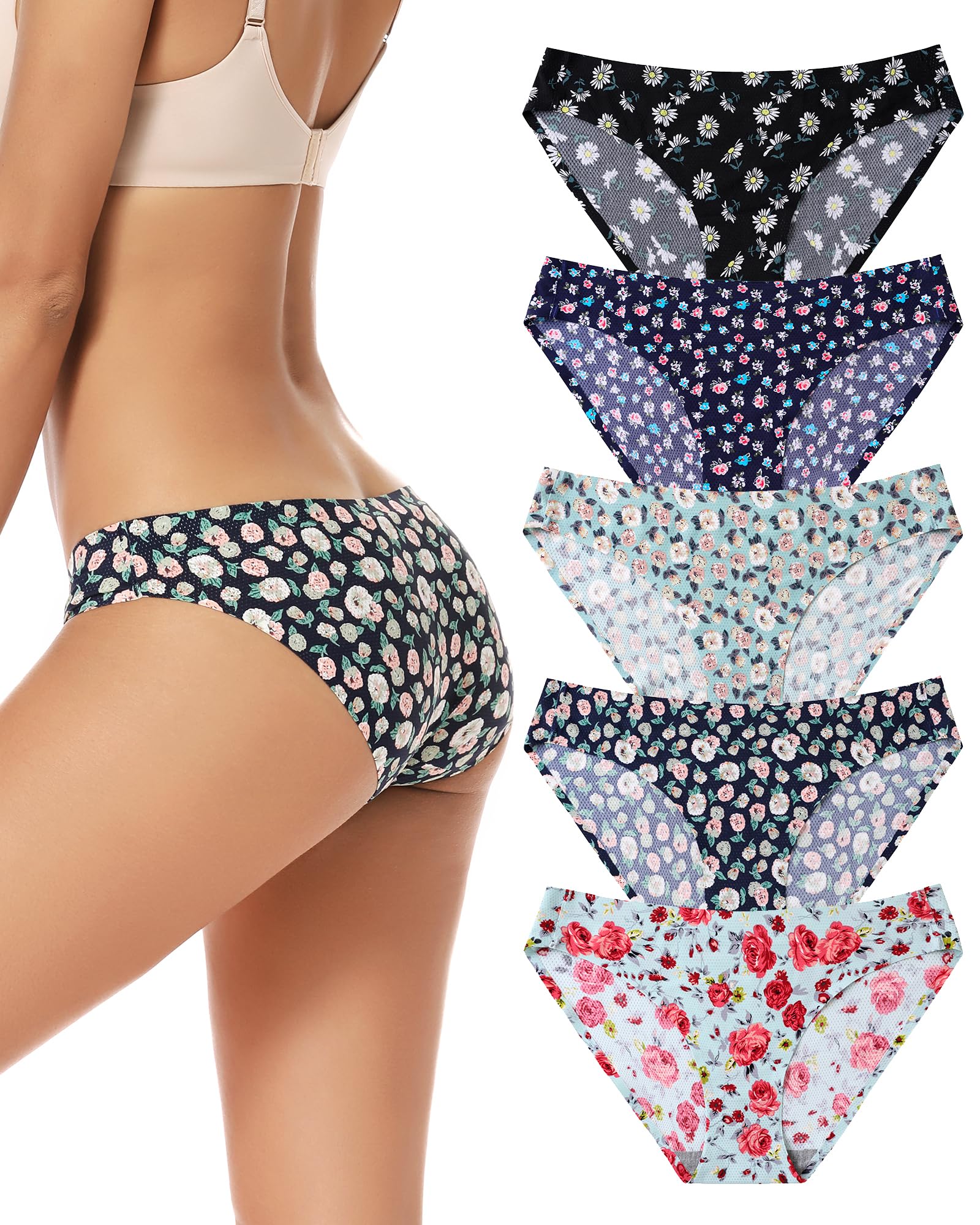 voenxe Women Bikini Underwear,Seamless Breathable Ladies No Show Panties | 5 Pack Invisible Comfortable Briefs,No Seam Soft Woman Mesh Workout Undies,Elastic Comfy Stretch Gym Hipster Panty, Multipack