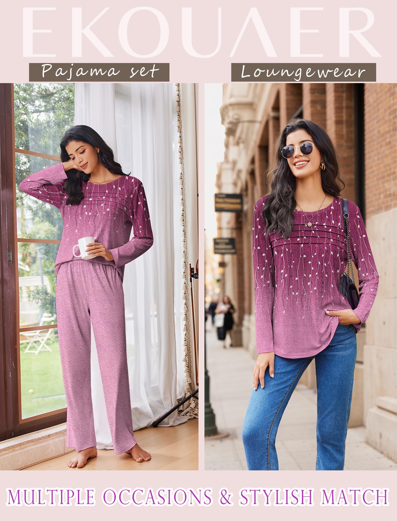 Ekouaer Womens Pajama Sets Pleated Tops with Long Sleeve Fall Lounge Set