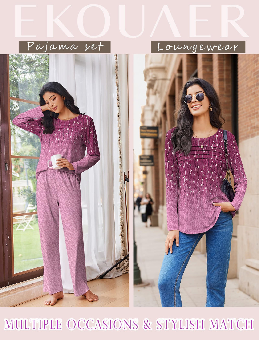 Ekouaer Womens Pajama Sets Pleated Tops with Long Sleeve Fall Lounge Set