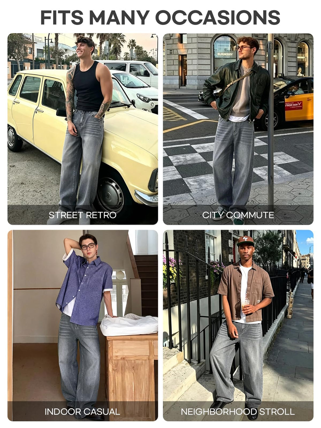 Baggy Hip Hop Jeans for Men Wide Leg Skater Denim Pants Casual Loose Fit Long Trousers