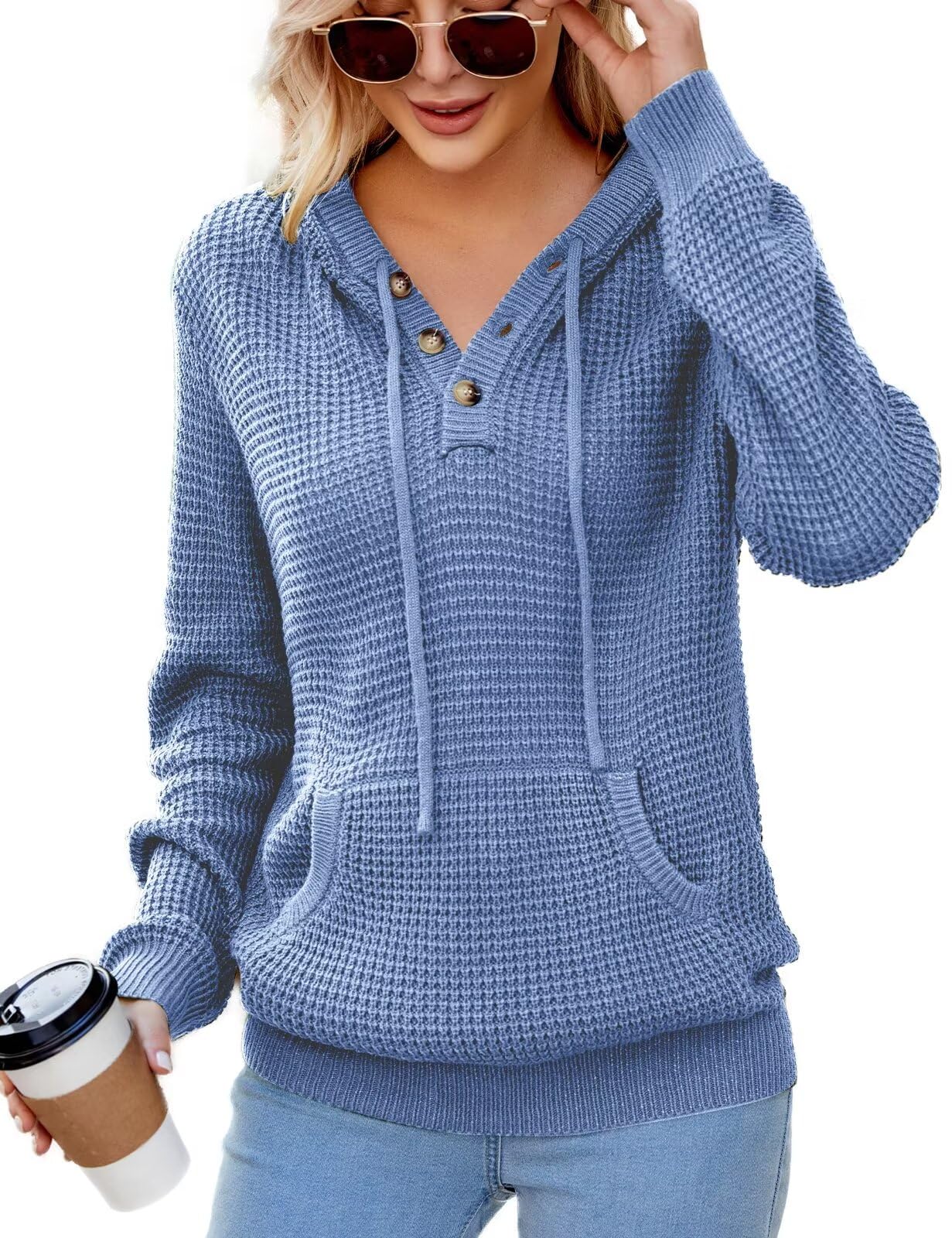 CiCiBird Women's Fall Hoodies Sweater V Neck Waffle Knit Top with Pocket | Loose Fit, V Neck Button, Adjustable Drawstring, Long Sleeve, Kangaroo Pocket, Weekend Errands, Daily Wear, Work Casual