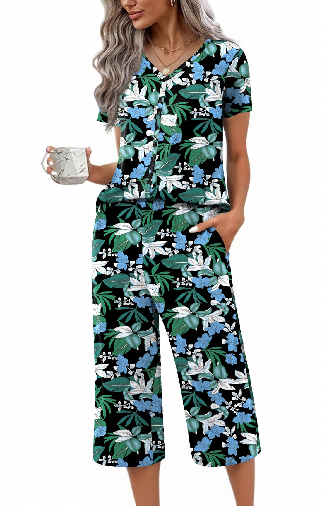 Ekouaer Women's Pajama Sets Short Sleeve Sleepwear Button Up Pj Loungewear Top and Capri Pants with Pockets