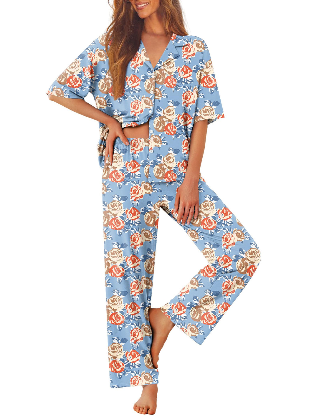 Ekouaer Women Pajamas Set Button Down Sleepwear Short Sleeve Pjs Long Pants
