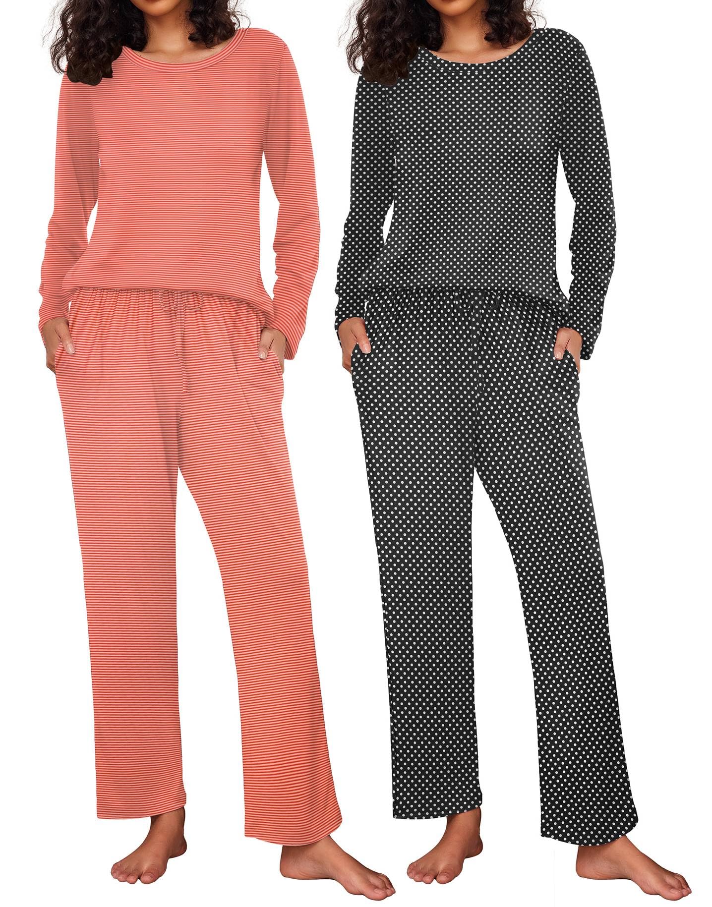 Ekouaer Women's 2 Pack Pajama Sets Long Sleeve Lounge Set Soft Comfy Pjs