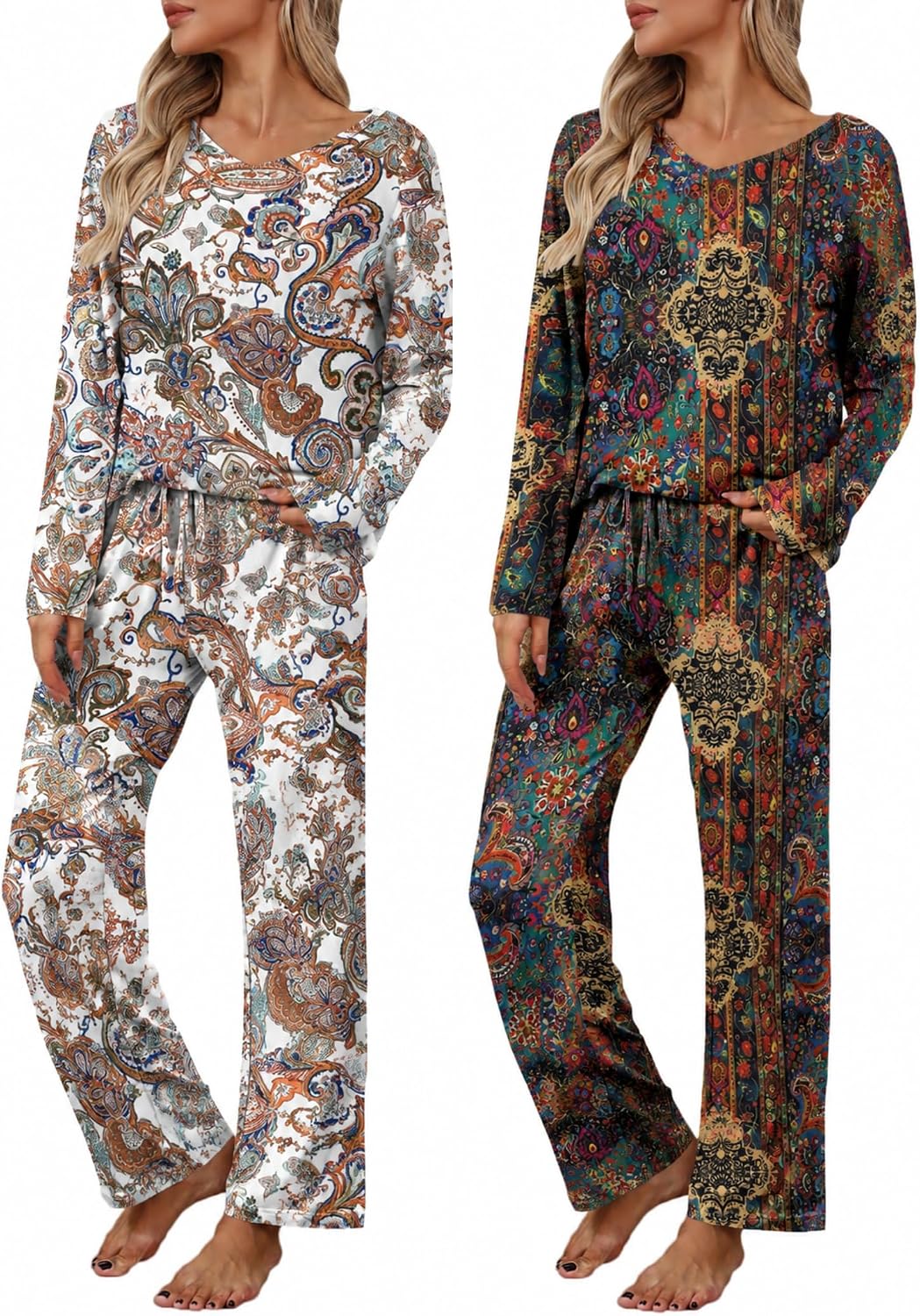 2 Pack: Women's Long Sleeve Pajama Sets - V Neck Top and Pants Lounge sets