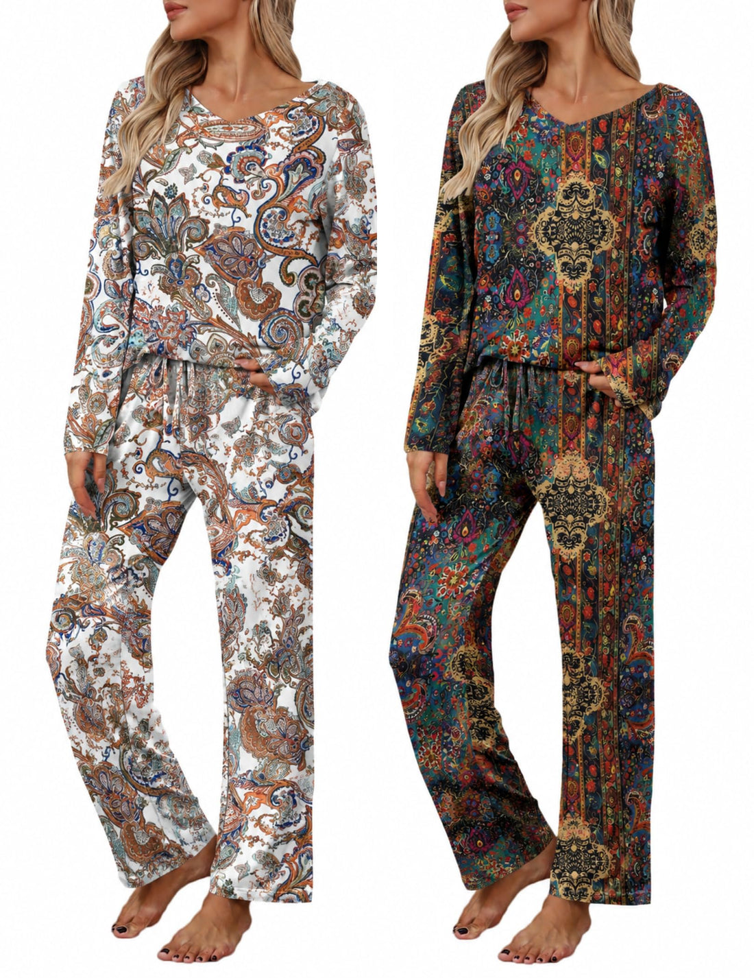 2 Pack: Women's Long Sleeve Pajama Sets - V Neck Top and Pants Lounge sets