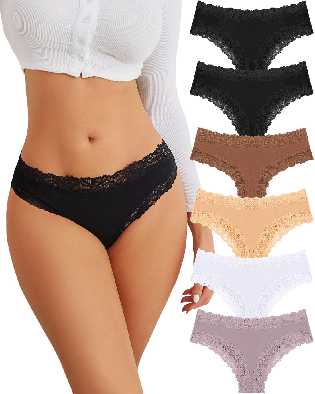 FINETOO Cotton Underwear Womens Sexy Lace Cheeky Low Rise Panties 6 Pack