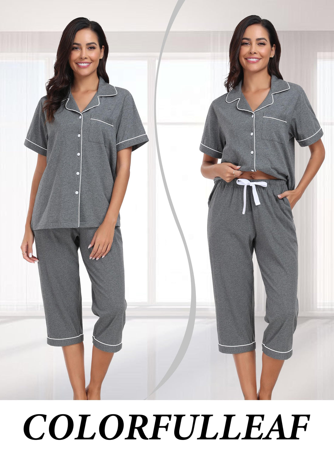 COLORFULLEAF 100% Cotton Women's Pajama Sets Short Sleeve Capri Pajamas for Women Set Button Down Pjs Soft Sleepwear Summer