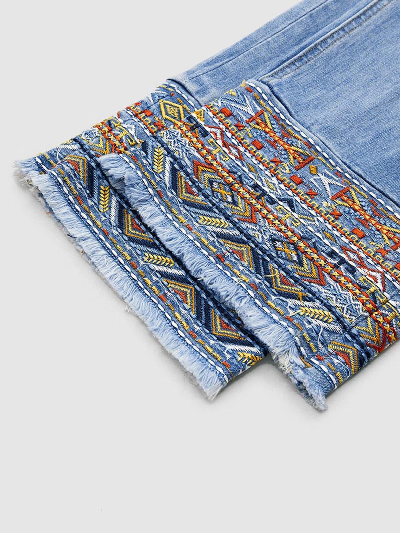 Flamingals Straight Leg Cropped Jeans for Women Trendy Mid Rise Stretchy Tribal Embroidery Raw Hem Ankle Jeans