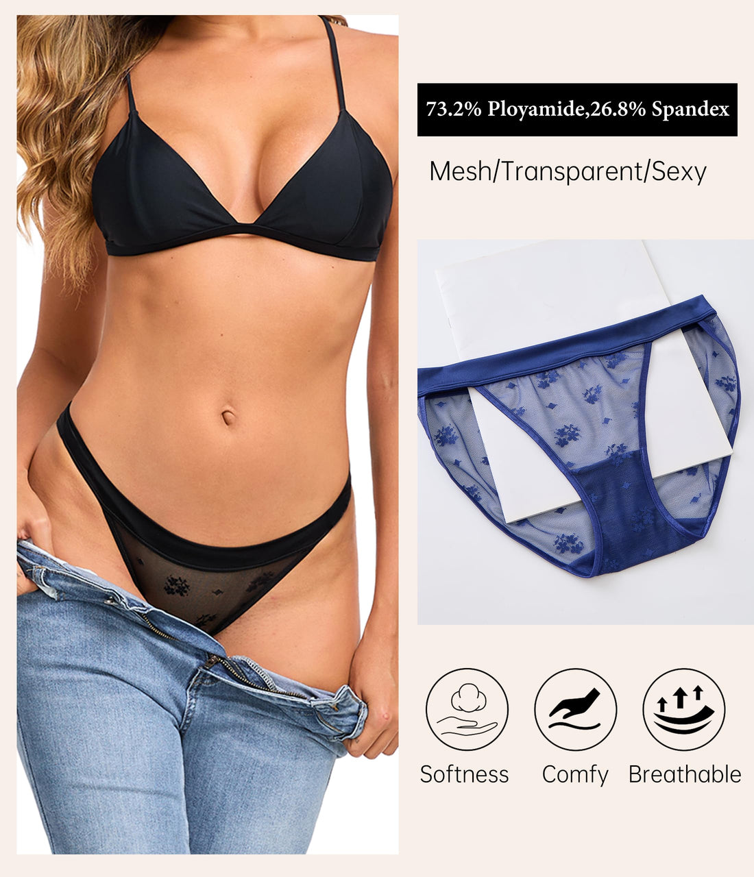 ANLIQI Womens Sexy Underwear Mesh See Through Bikini Panties Pack Hi Cut Briefs Sheer Lace String Lingerie Hipster for Lady