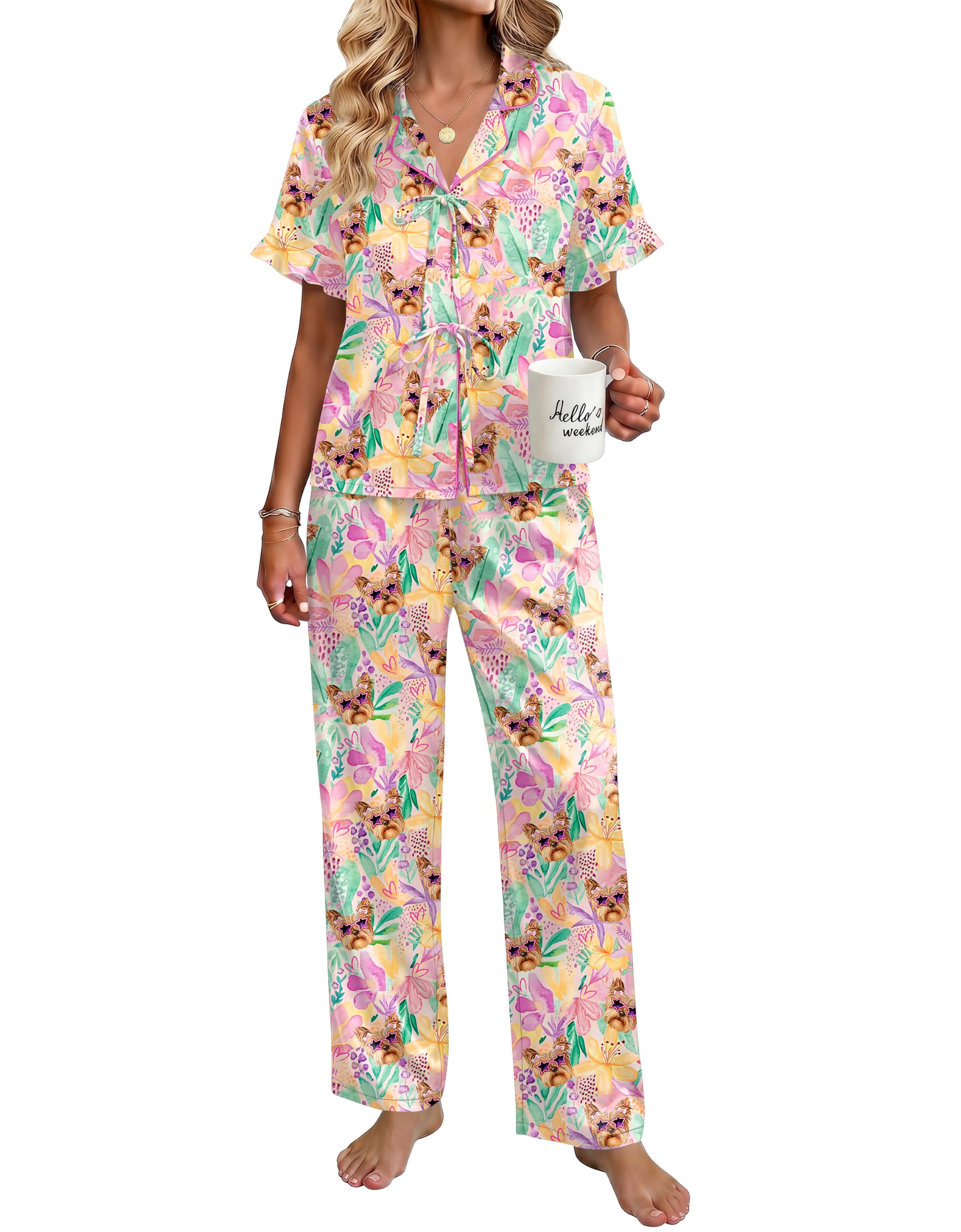 Ekouaer Womens Satin Pajama Sets Silky Tie Front Ruffle Pjs Sets Sleepwear