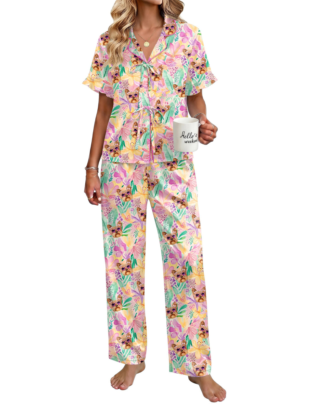 Ekouaer Womens Satin Pajama Sets Silky Tie Front Ruffle Pjs Sets Sleepwear