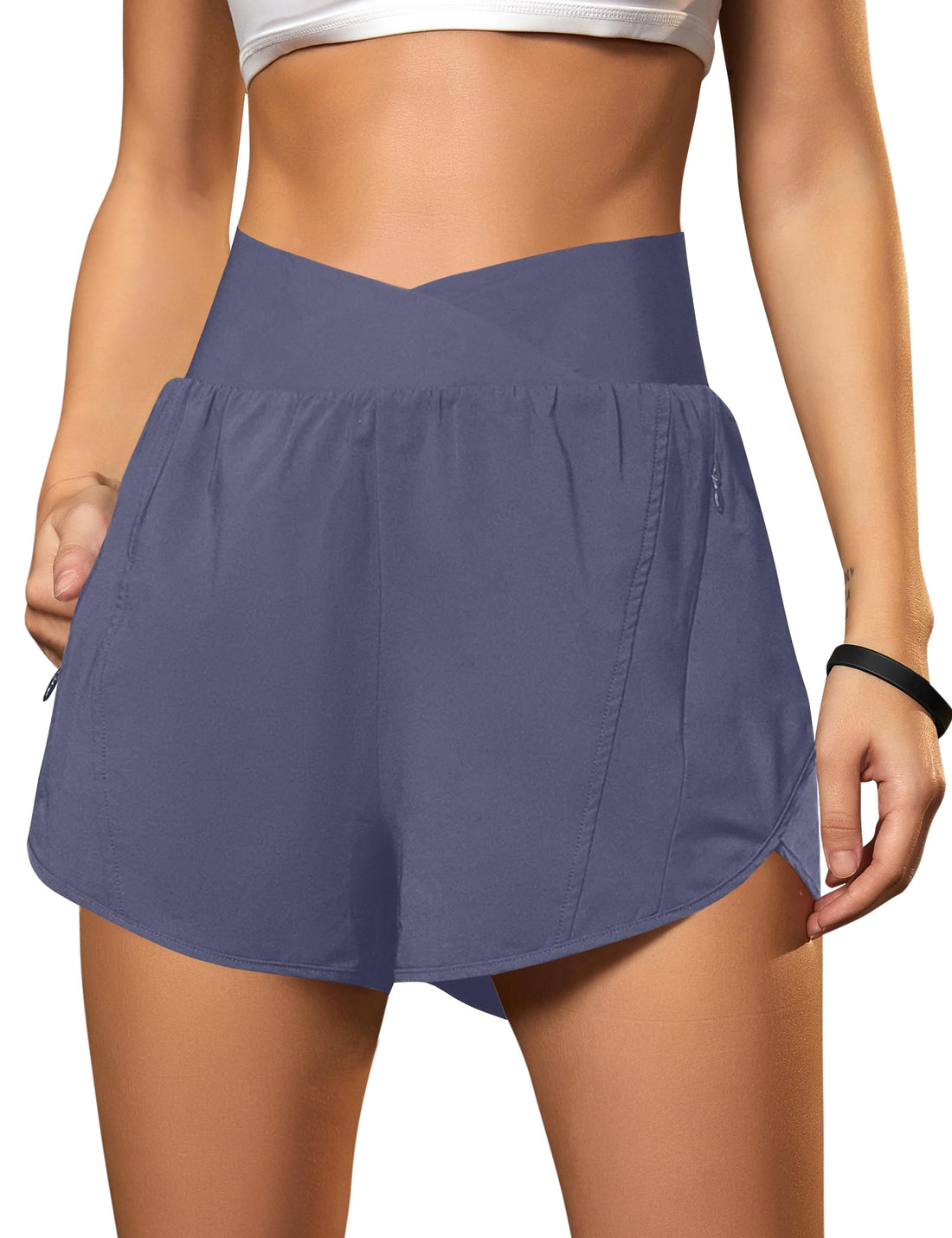 Blooming Jelly Women's Workout Shorts Athletic Running Shorts Crossover High Waisted Gym Shorts with Zipper Pockets