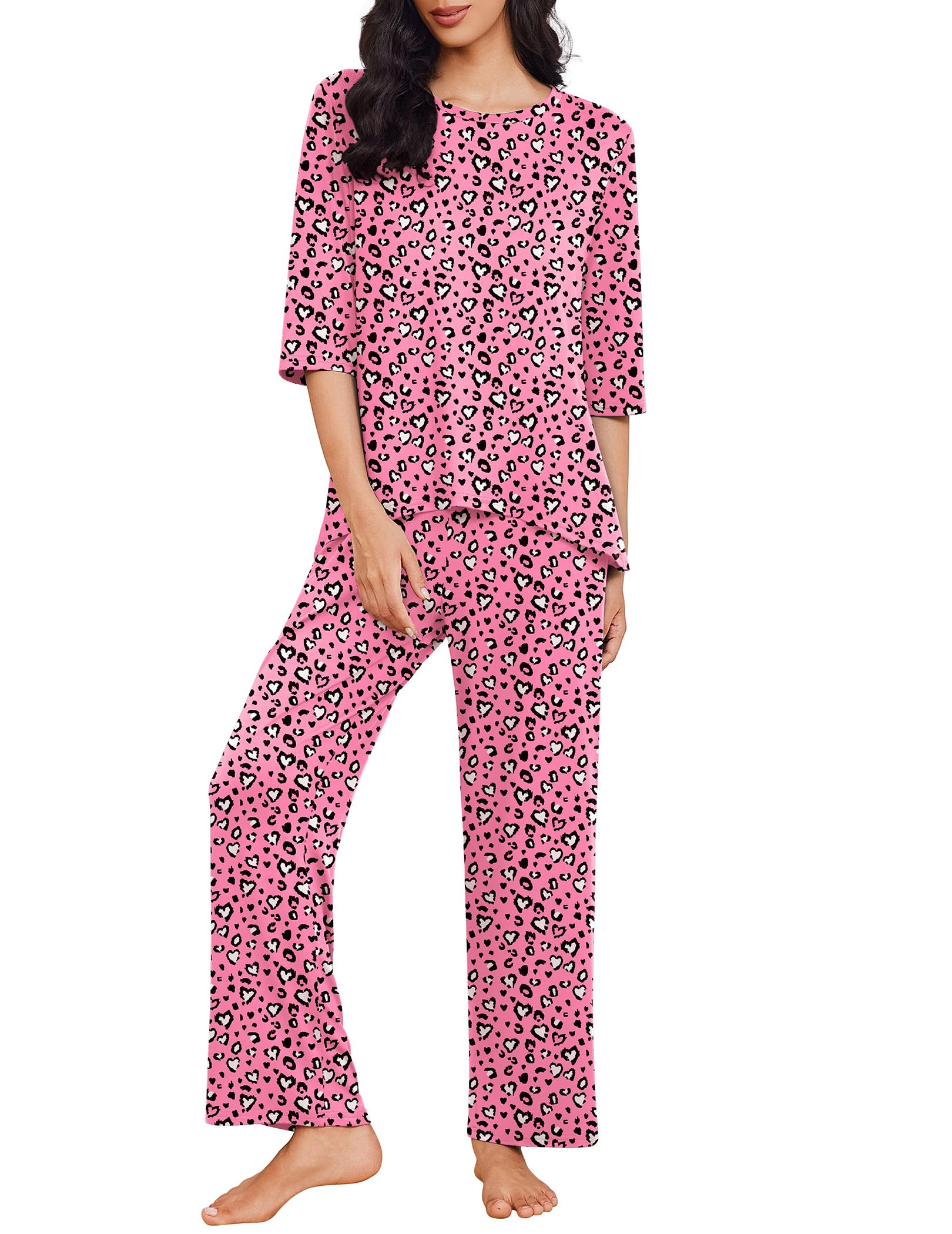 Ekouaer Womens Pajamas Set 2 Piece 3/4 Sleeve Tops Long Pants Pj Set
