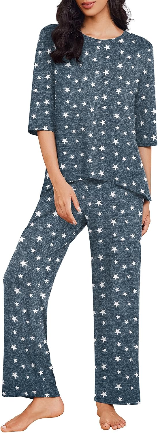 Ekouaer Womens Pajamas Set 2 Piece 3/4 Sleeve Tops Long Pants Pj Set