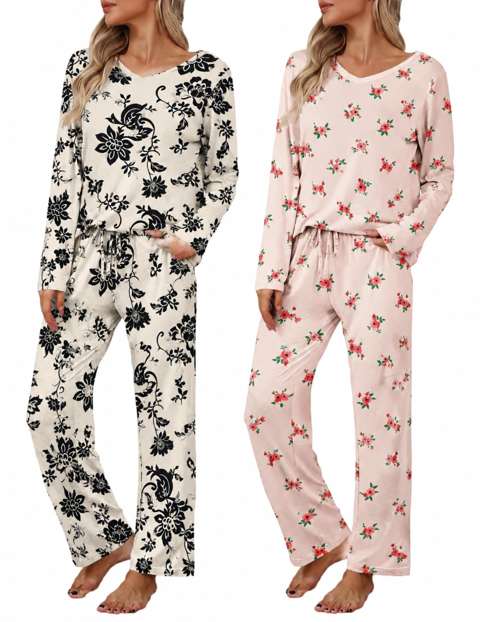 2 Pack: Women's Long Sleeve Pajama Sets - V Neck Top and Pants Lounge sets