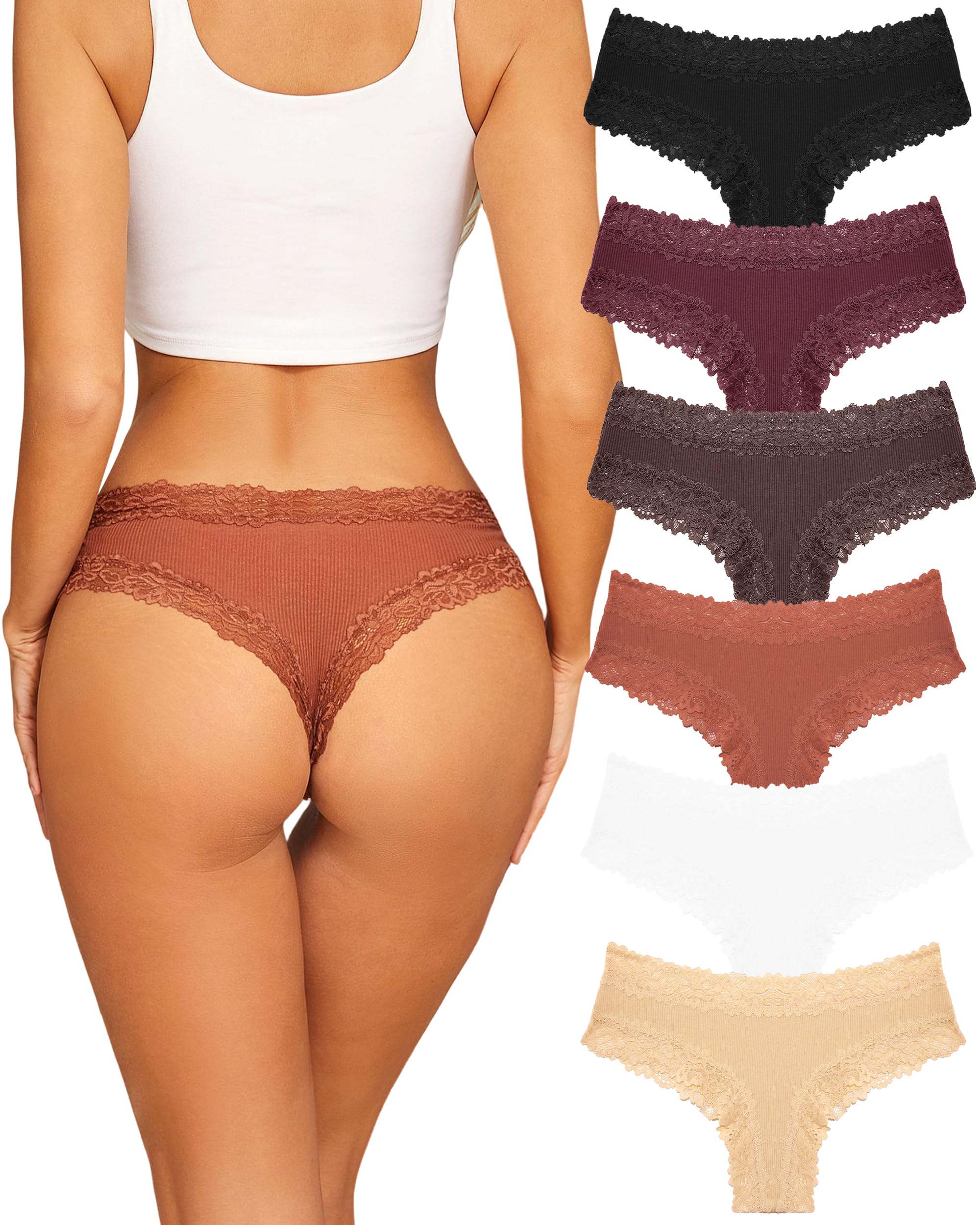 Sth Big Womens Cotton Underwear Sexy Lace Brazilian Panties Soft Breathable Cotton Bikini for Ladies 6 Pack