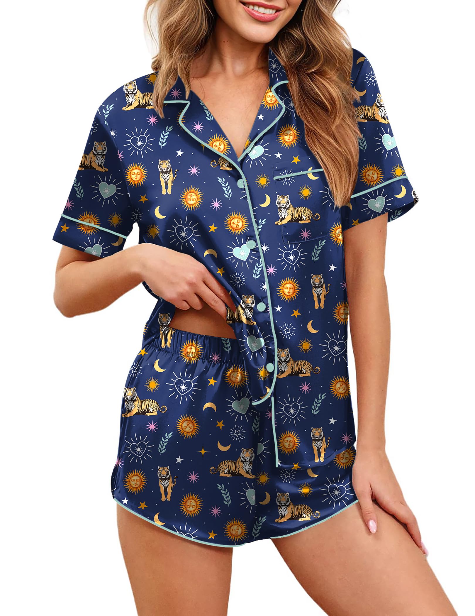 Ekouaer Womens Silk Satin Pajamas Set Short Sleeve Sleepwear S-5X Plus Size
