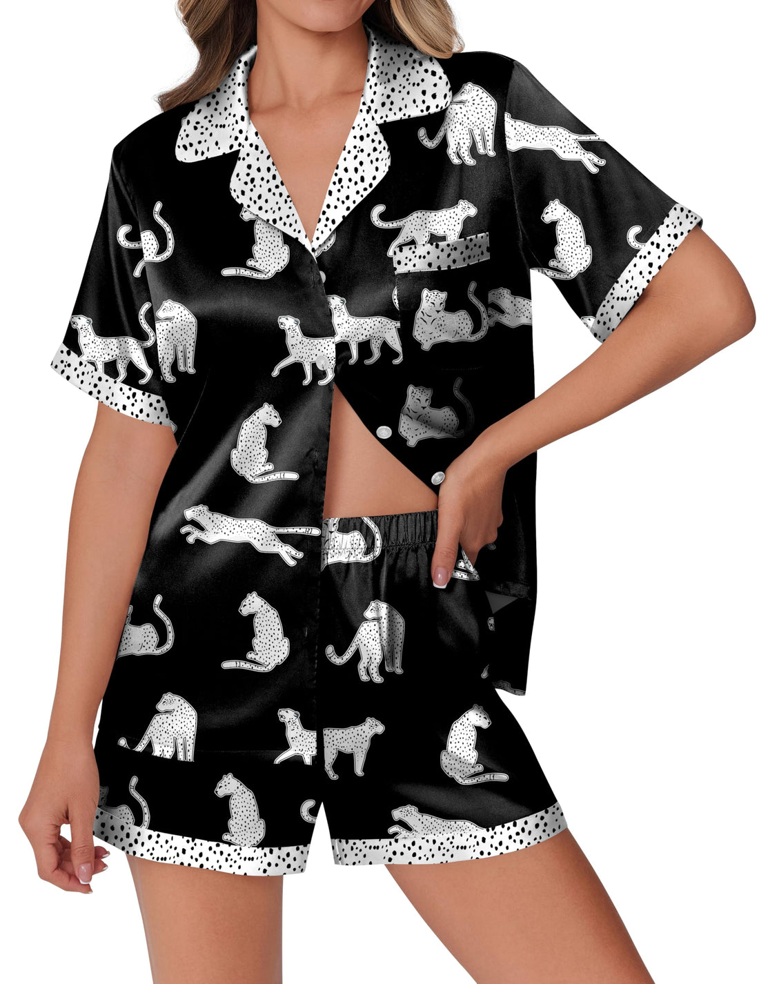 Ekouaer Womens Silky Satin Pajamas Set Short Sleeve Colorful Print Pjs