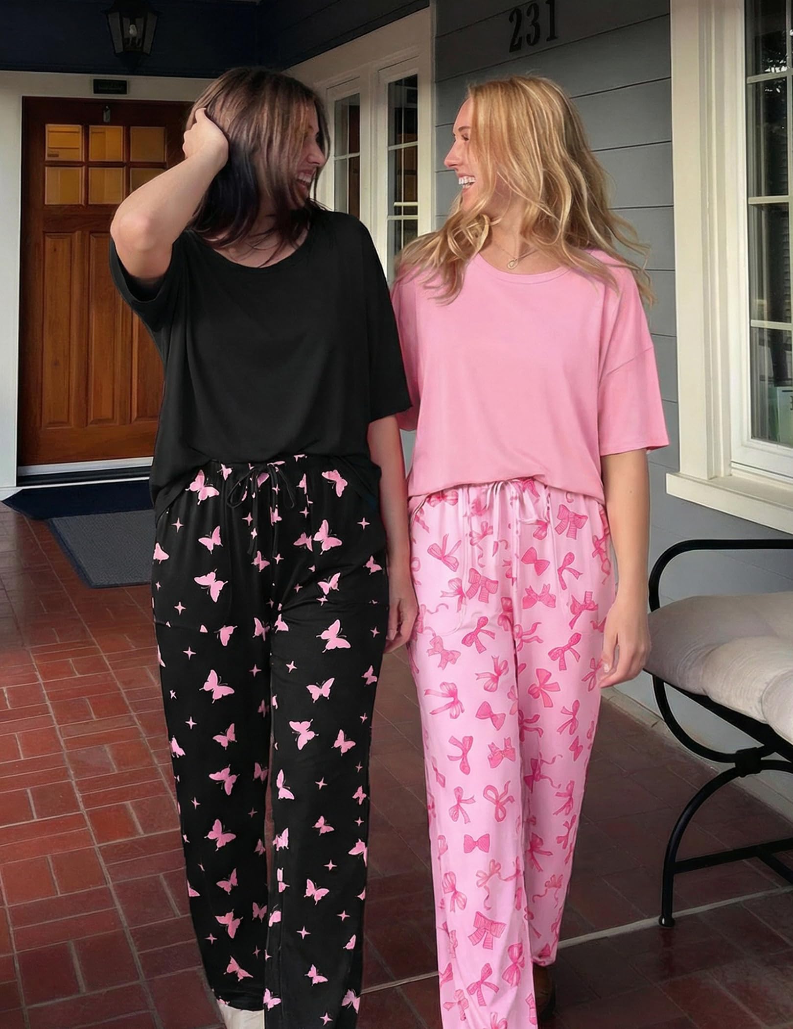 Ekouaer 2 Pack Womens Pajamas Sets Short Sleeve Long Pants Pjs Lounge Set