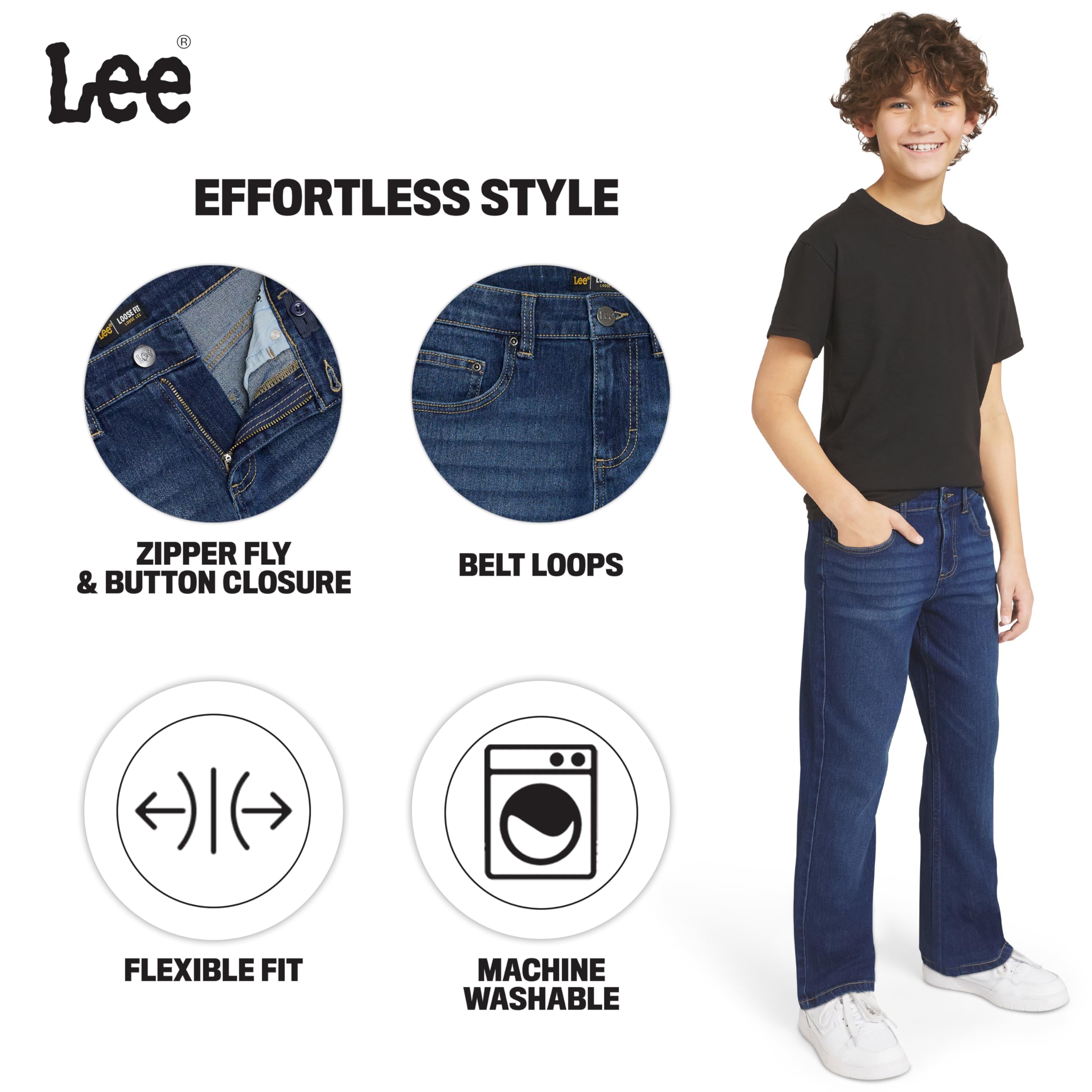 Lee Boys' 5 Pocket Loose Fit Stretch Waist Denim Jeans