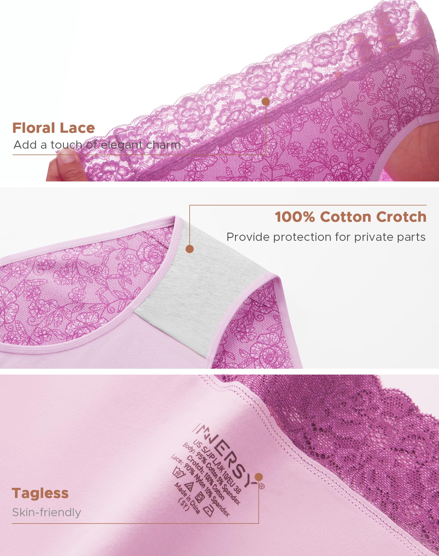 INNERSY Women's Cotton Underwear Lace High Waisted Panties 5-Pack