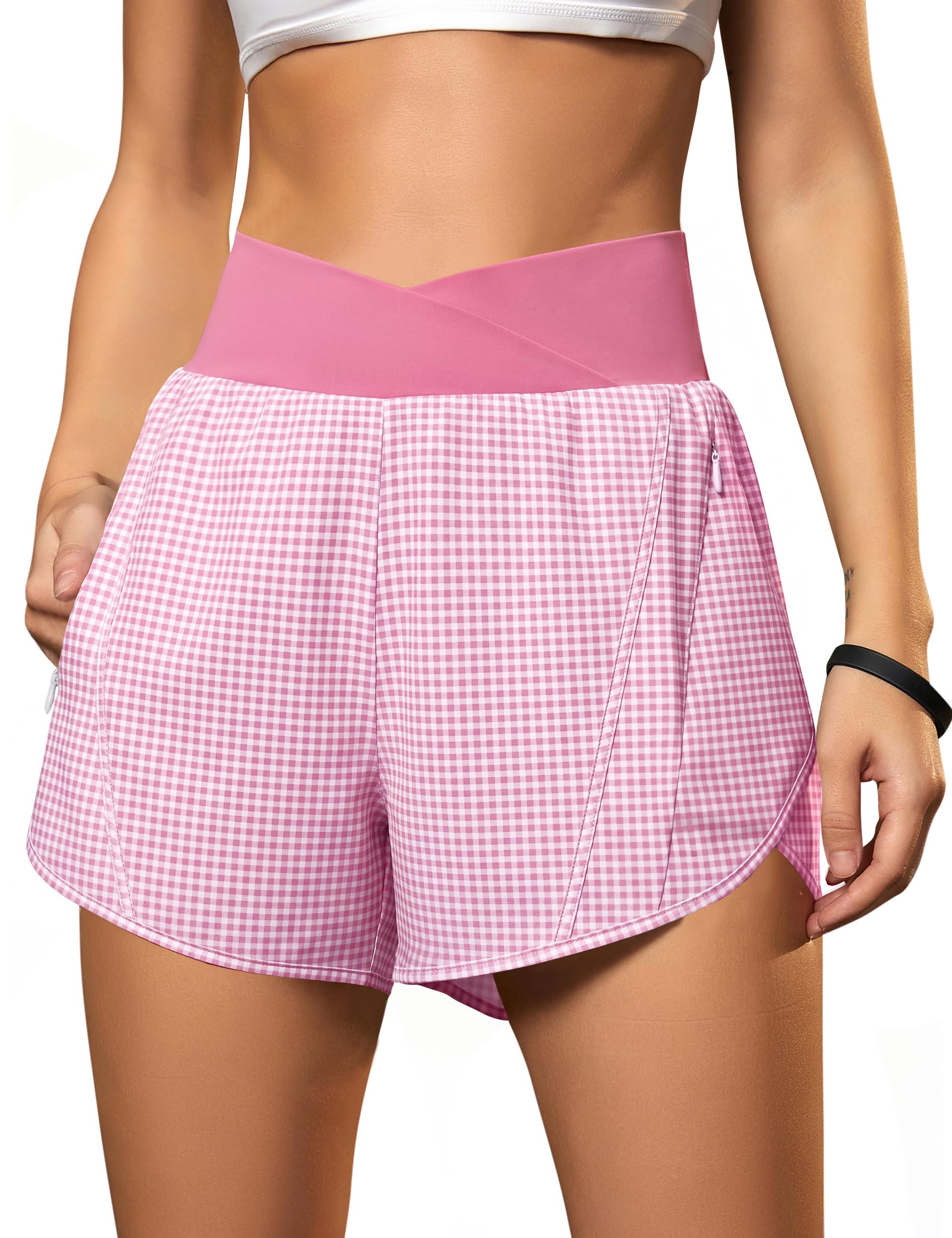 Blooming Jelly Women's Workout Shorts Athletic Running Shorts Crossover High Waisted Gym Shorts with Zipper Pockets