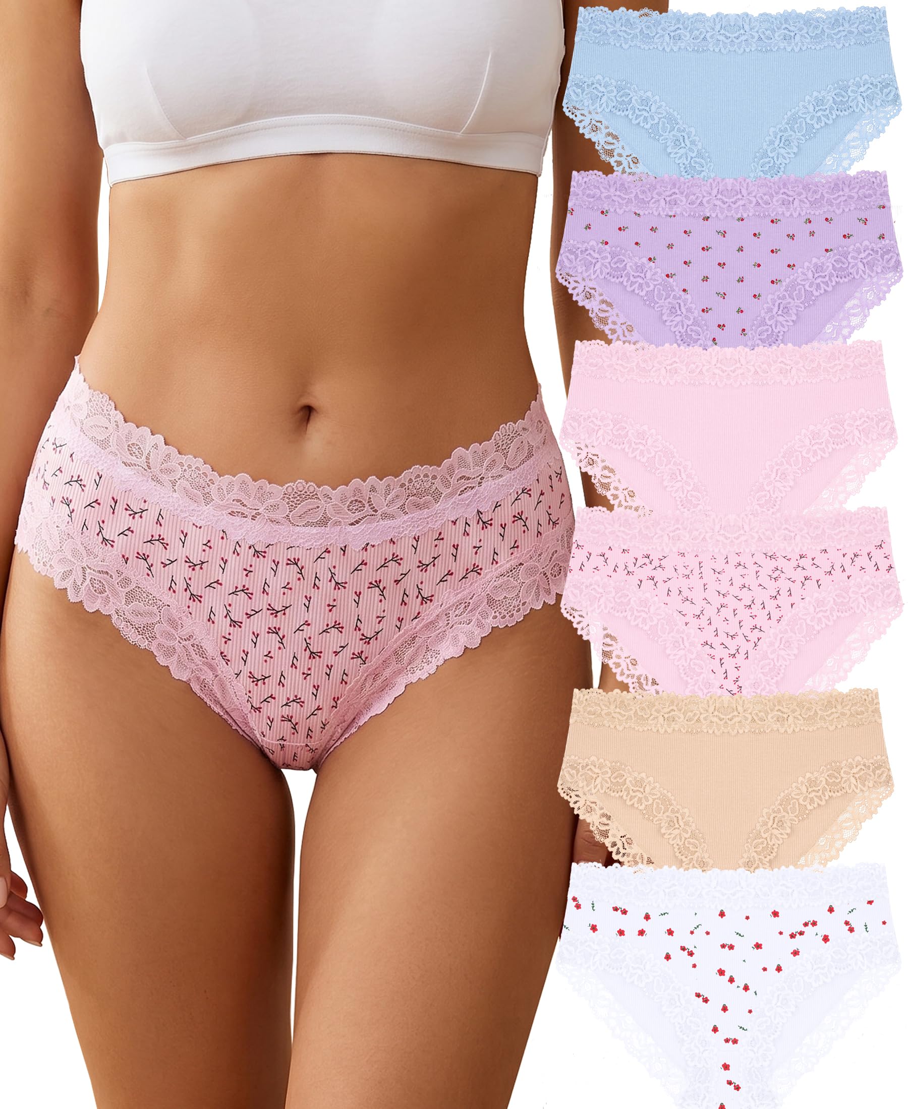 Knowyou Cotton Underwear for Women No Roll Soft Panties No Dig Lace Waist Hipster Breathable Cheeky Lingerie for Women