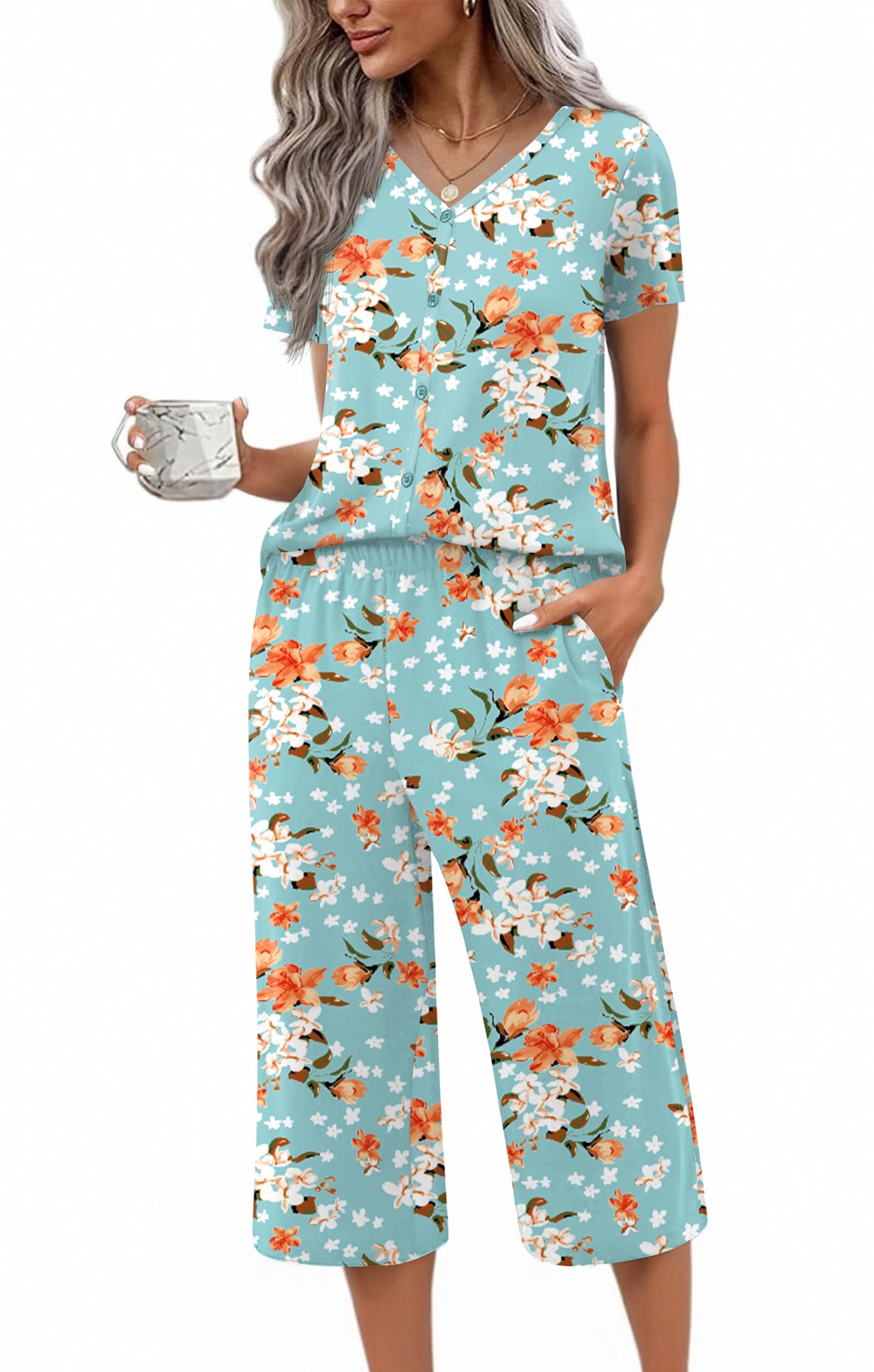 Ekouaer Women's Pajama Sets Short Sleeve Sleepwear Button Up Pj Loungewear Top and Capri Pants with Pockets