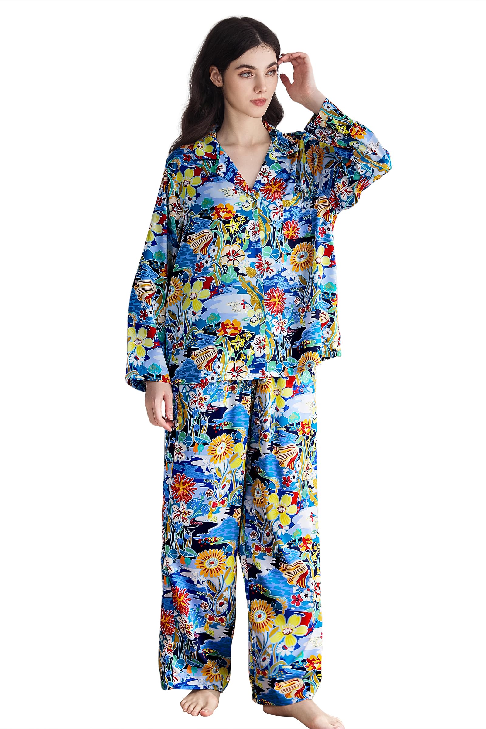 YiNi LuLu Womens Silk Satin Pajamas Set Button Down 2 Piece Pjs Long Sleeve Oversized Sleepwear with Pockets