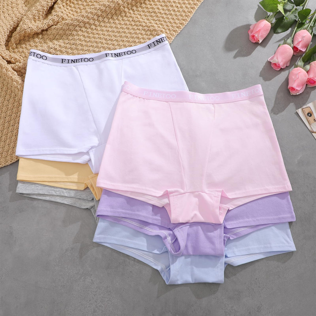 FINETOO Womens Cotton Boy Shorts Underwear Full Coverage Soft Boxer Briefs High Waisted Panties for Lady Girls 6 Pack