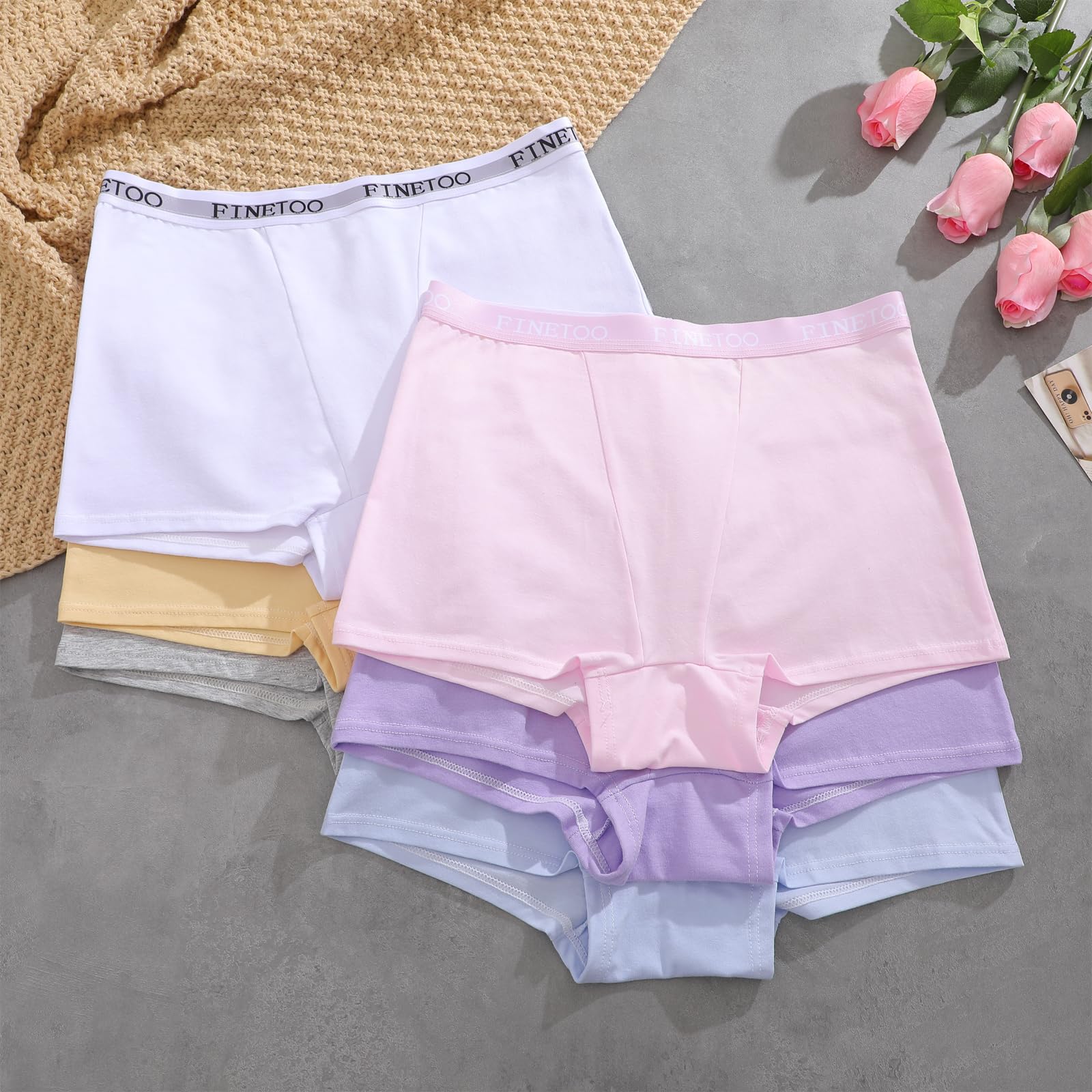 FINETOO Womens Cotton Boy Shorts Underwear Full Coverage Soft Boxer Briefs High Waisted Panties for Lady Girls 6 Pack