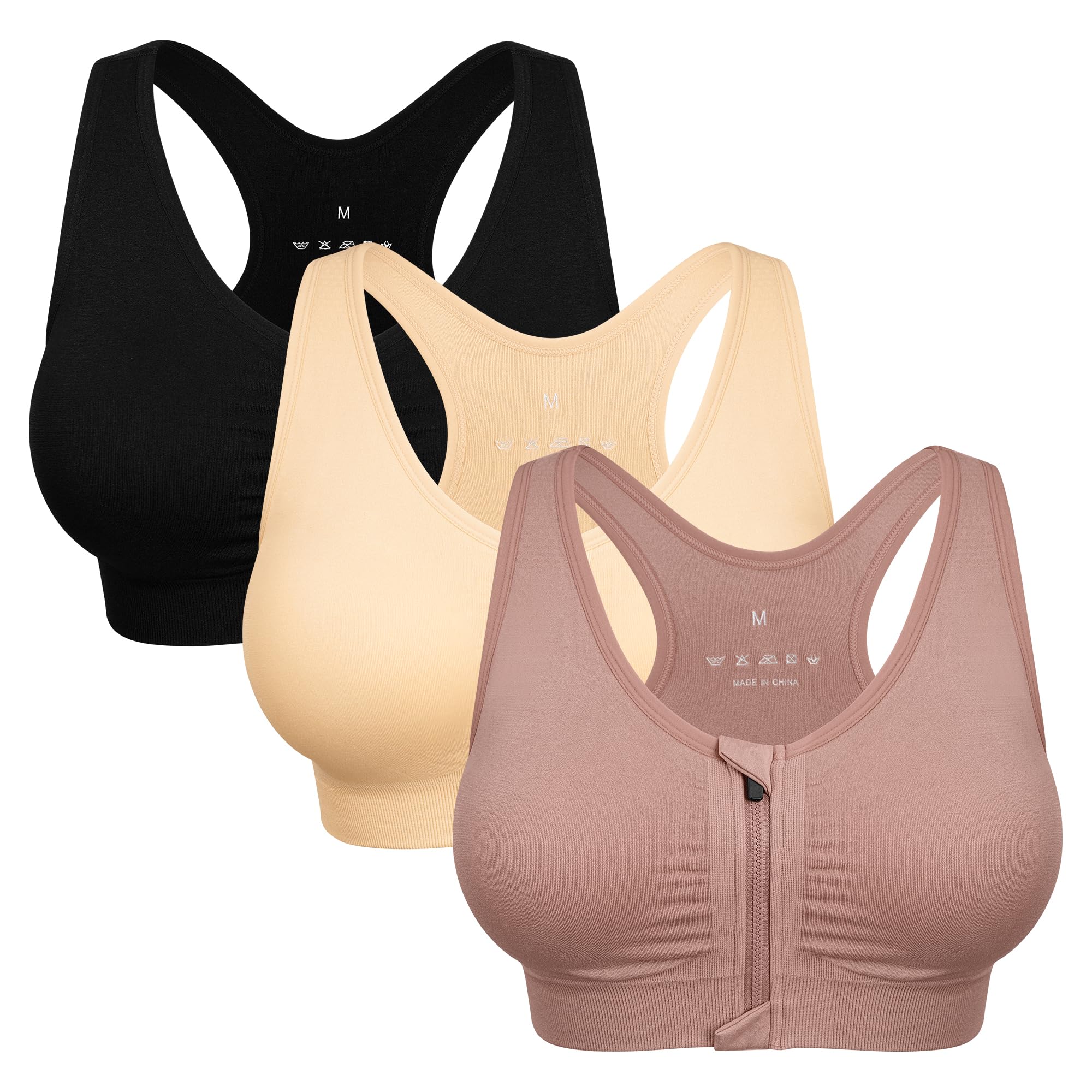 Women's Zip Front Sports Bra Wireless Post-Surgery Bra Workout Sports Bras | Zipper Front Closure, Surgical Mastectomy Bra, Post Op, Compression, Comfort, Medium Support, Active, Yoga, Removable Pads