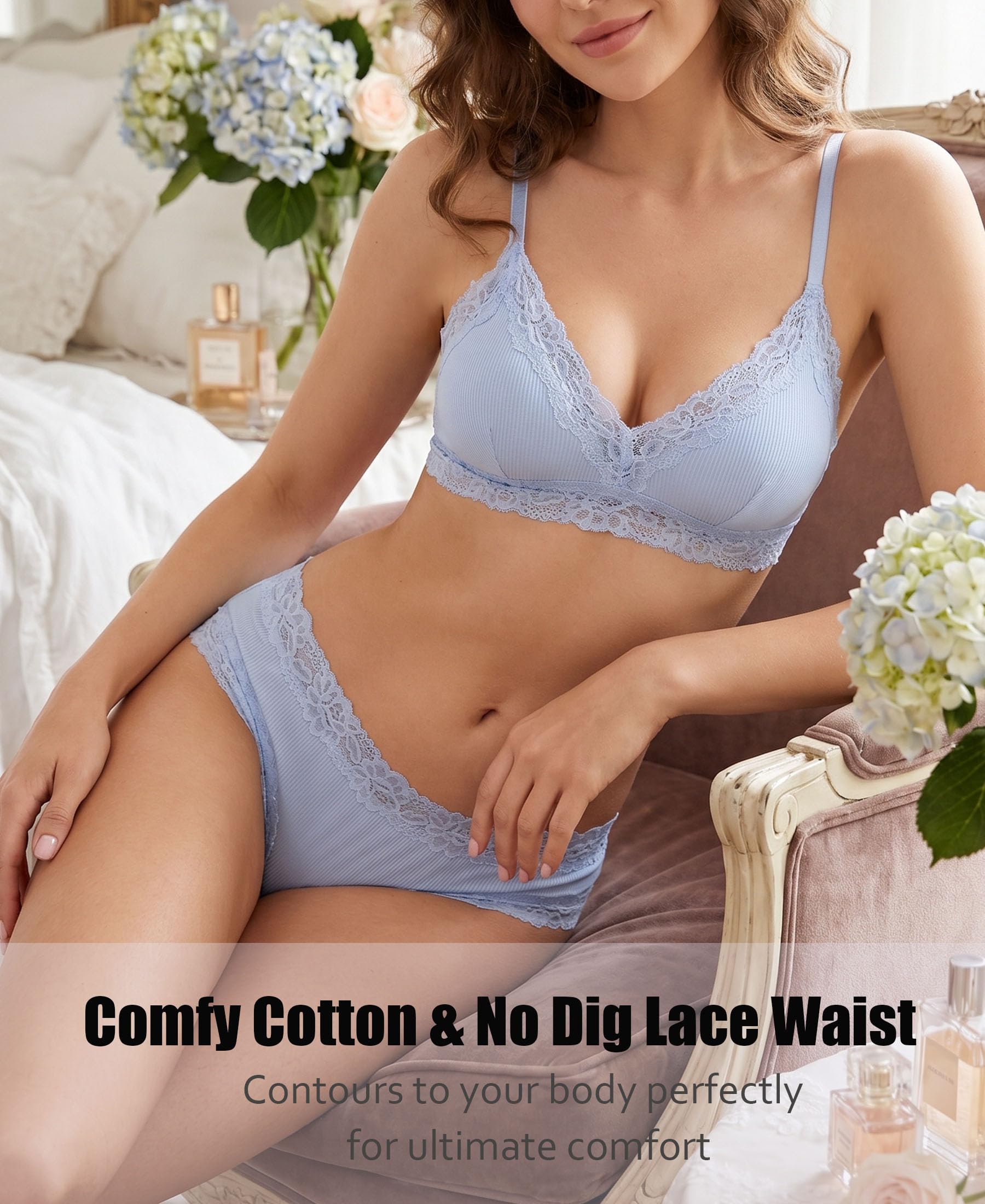 Knowyou Cotton Underwear for Women No Roll Soft Panties No Dig Lace Waist Hipster Breathable Cheeky Lingerie for Women