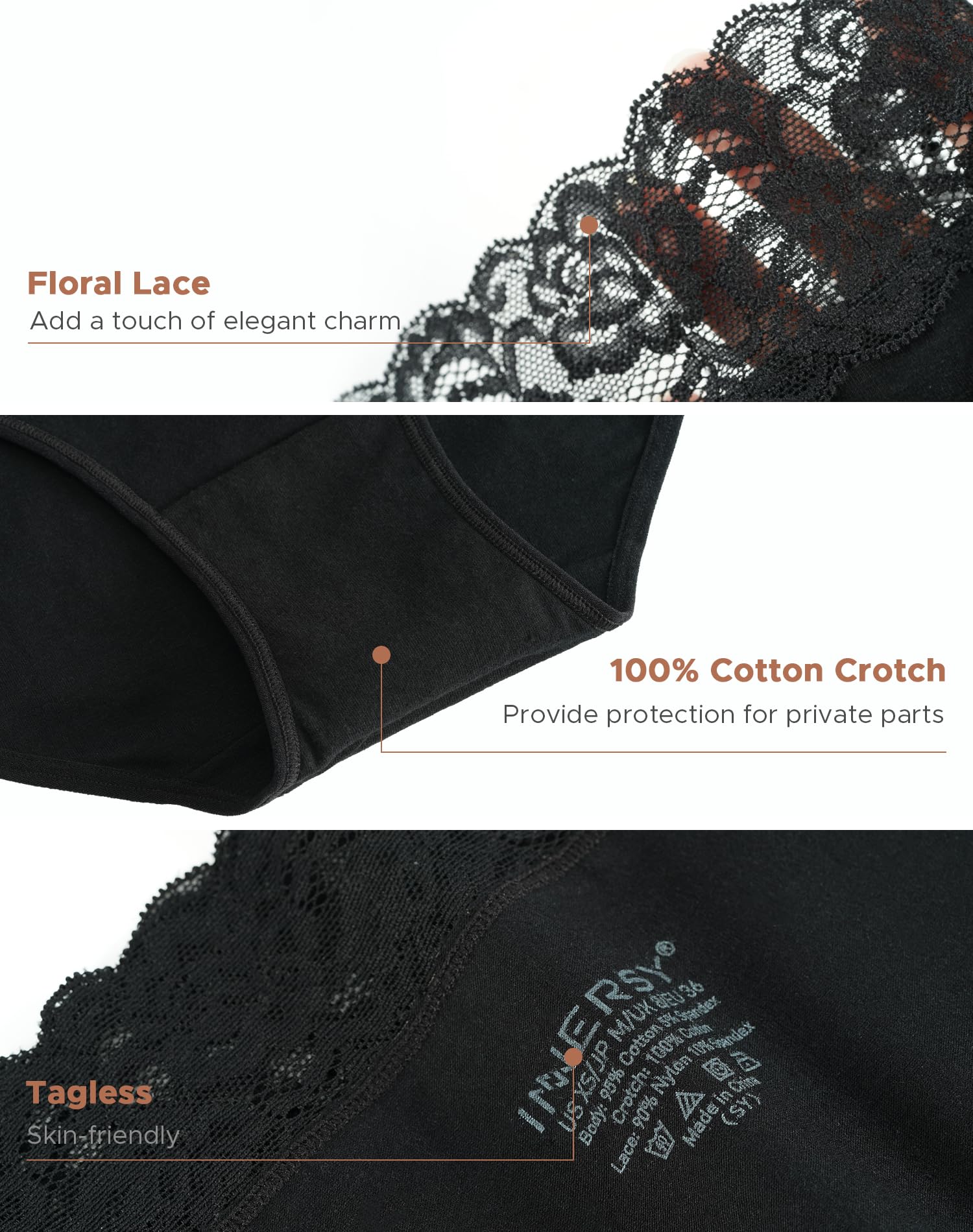 INNERSY Women's Cotton Underwear Lace High Waisted Panties 5-Pack