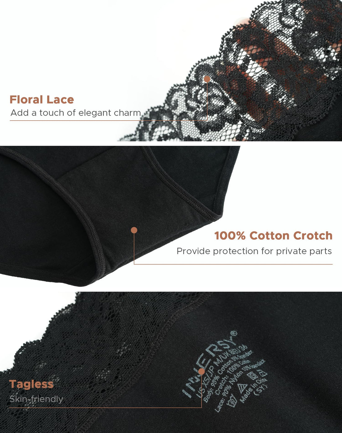 INNERSY Women's Cotton Underwear Lace High Waisted Panties 5-Pack